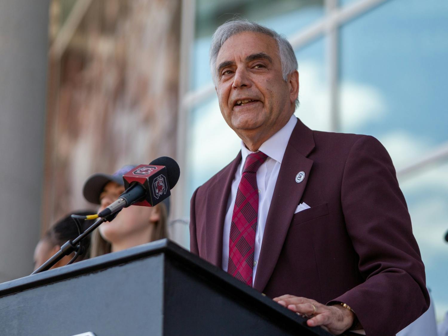 University of South Carolina interim university President Harris Pastides addresses the crowd at Colonial Life Arena on April 4, 2022. Pastides recognized the accomplishments of head coach Dawn Staley and her team.