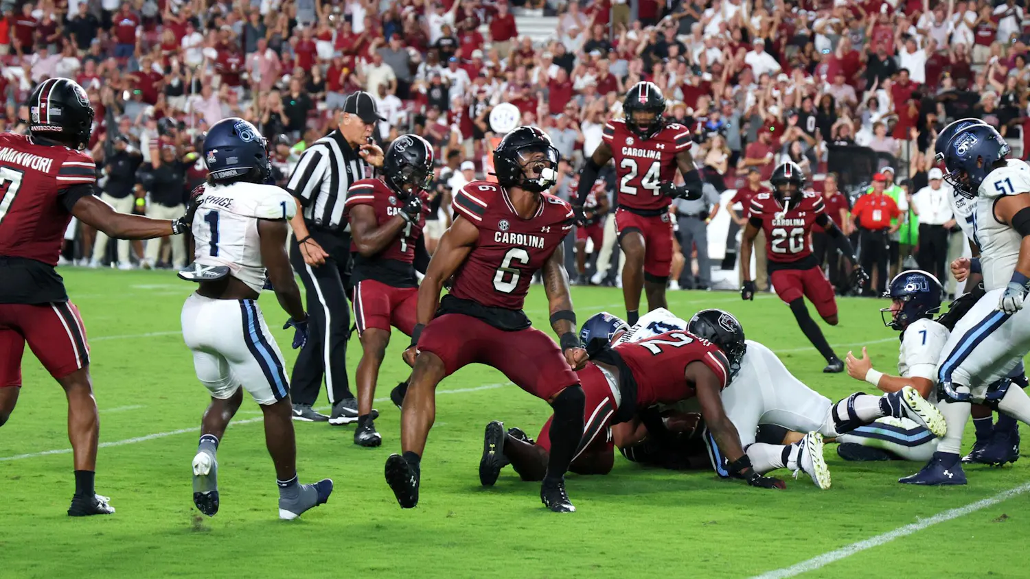 Junior edge Dylan Stewart celebrates after forcing Old Dominion to fumble the ball in the fourth quarter of the teams' matchup on Aug. 31, 2024. Stewart recorded four total tackles, 1.5 sacks and two forced fumbles in his first game for the Gamecocks.