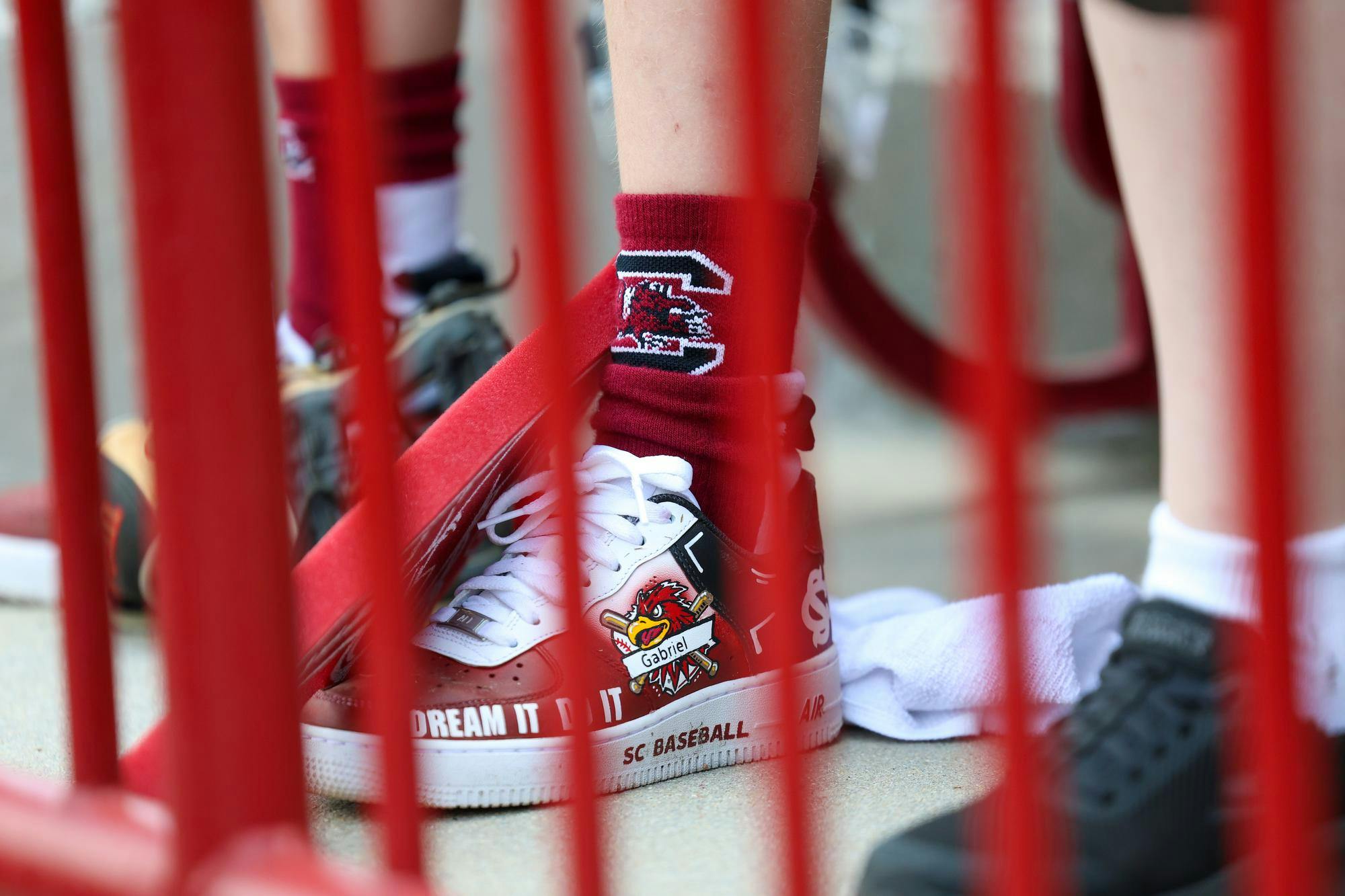 Shown is a pair of custom Gamecock Nike shoes worn by Lexington resident Gabriel Lyons. The shoes were a gift from Dream on 3, the nonprofit who organized Lyons' weekend with USC.