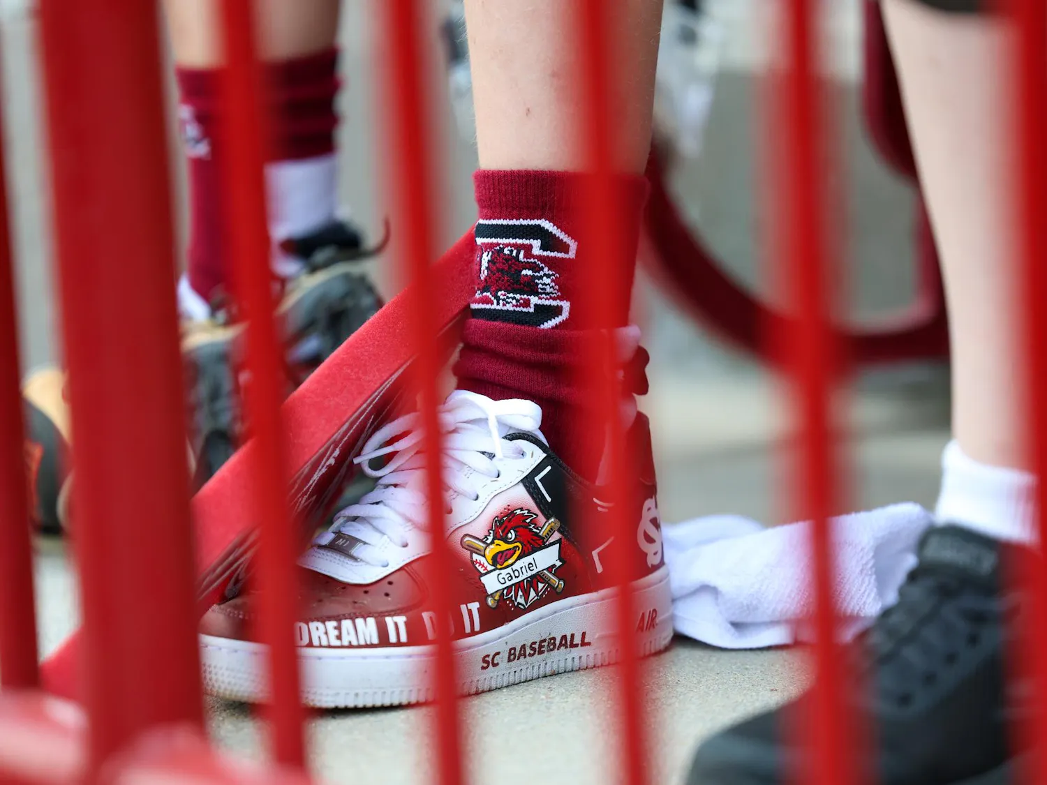 Shown is a pair of custom Gamecock Nike shoes worn by Lexington resident Gabriel Lyons. The shoes were a gift from Dream on 3, the nonprofit who organized Lyons' weekend with USC.