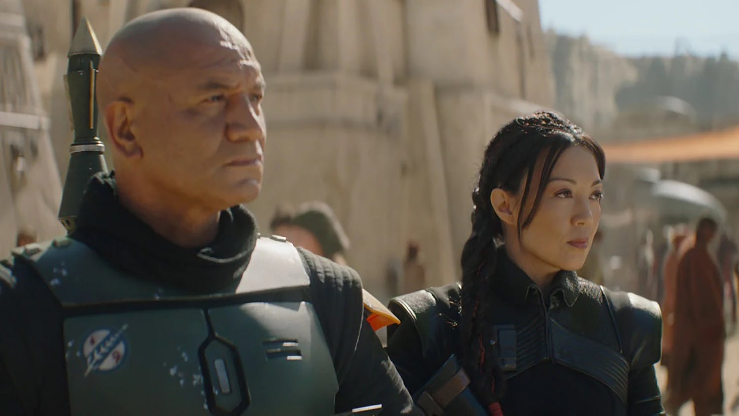 “The Book of Boba Fett” stars Temeura Morrison (left) as the titular bounty hunter and Ming-Na Wen (“Agents of S.H.I.E.L.D.”) as Fennec Shand. (Lucasfilm Ltd./Disney+/TNS)