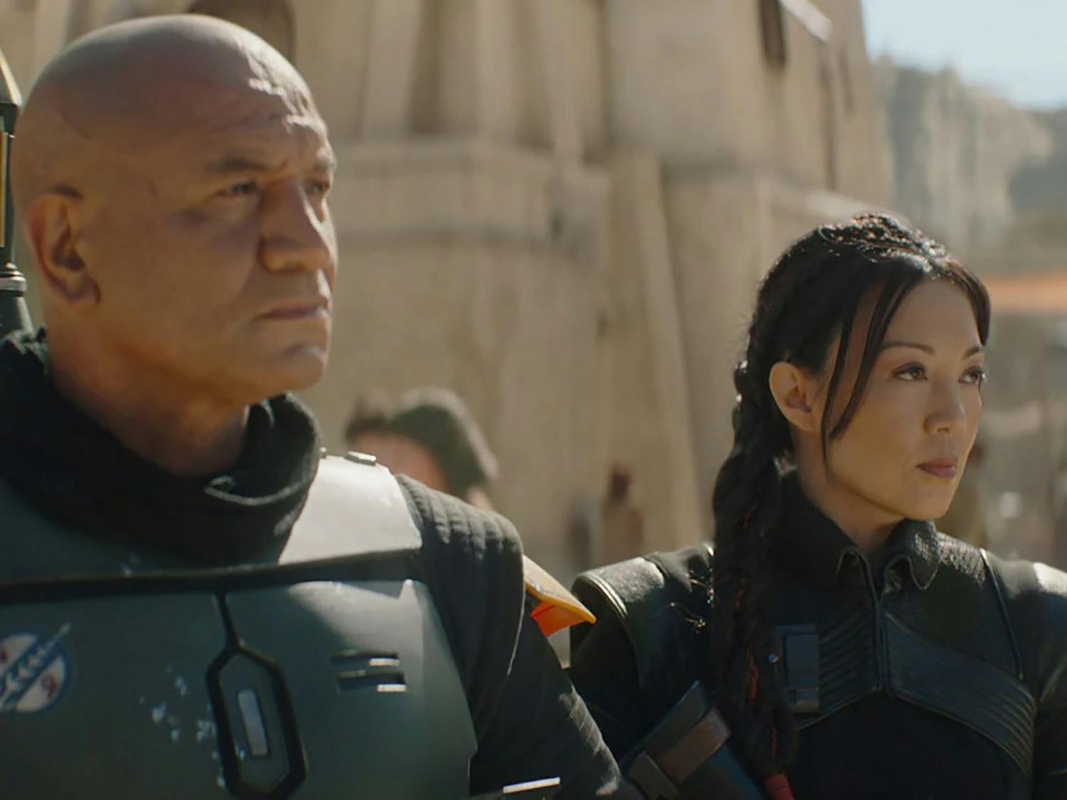“The Book of Boba Fett” stars Temeura Morrison (left) as the titular bounty hunter and Ming-Na Wen (“Agents of S.H.I.E.L.D.”) as Fennec Shand. (Lucasfilm Ltd./Disney+/TNS)