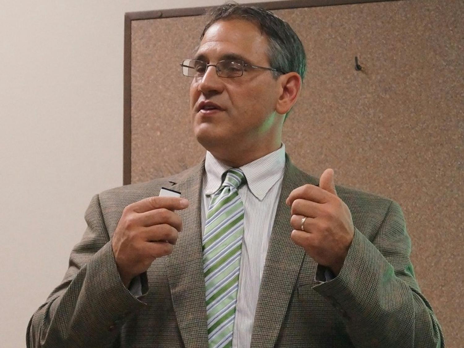 Jerry White speaks in the Russell House Tuesday evening.