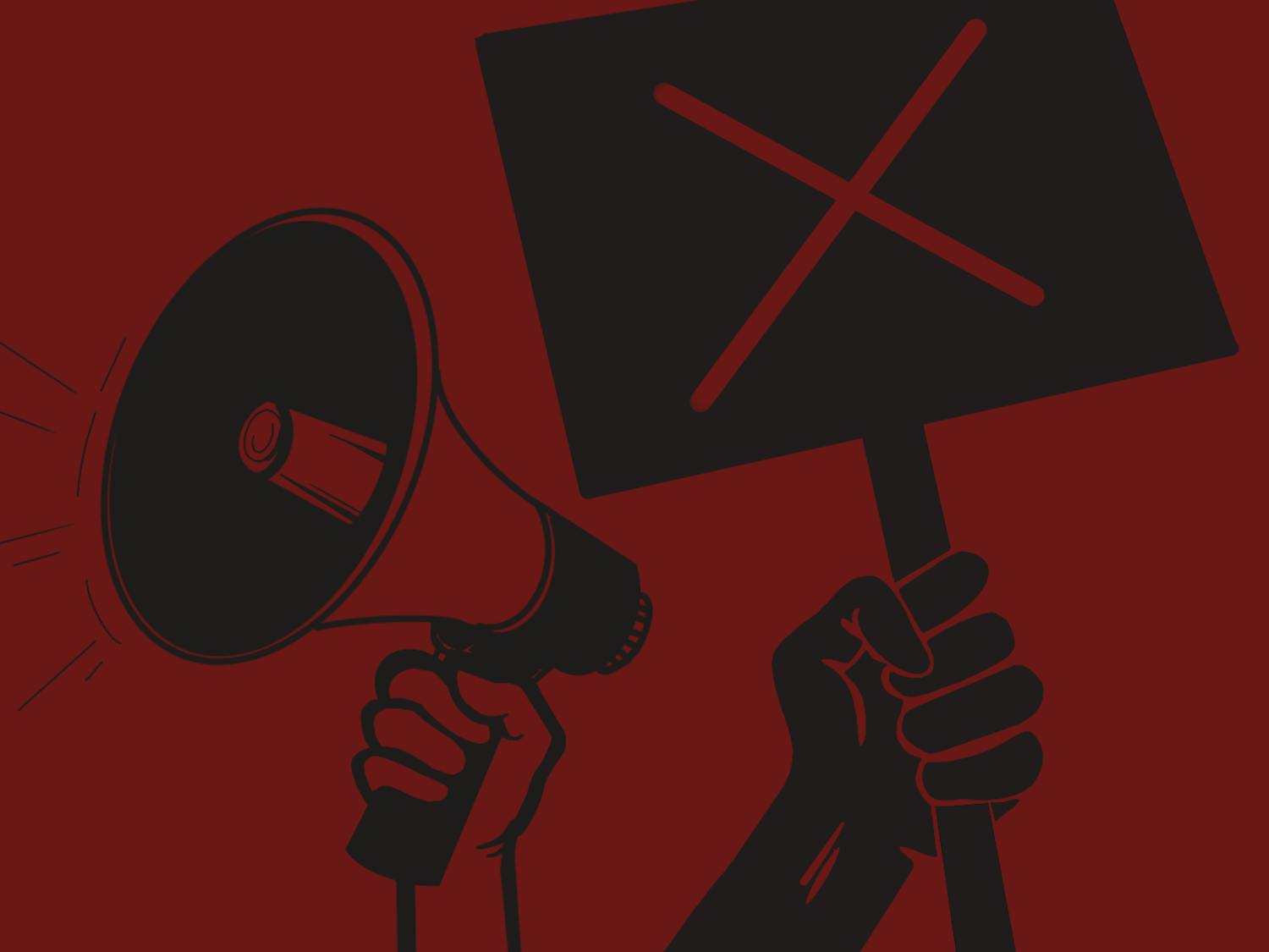 This is an illustration showing two hands of protestors. One is holding a sign with a large X and the other has a megaphone.