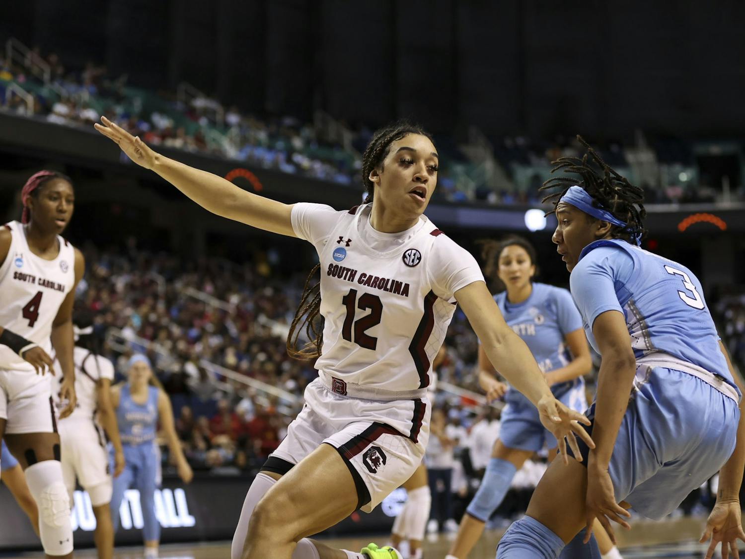 Junior guard Brea Beal on defense during the first quarter of South Carolina's 69-61 victory over North Carolina in the Sweet Sixteen on March 25, 2022.