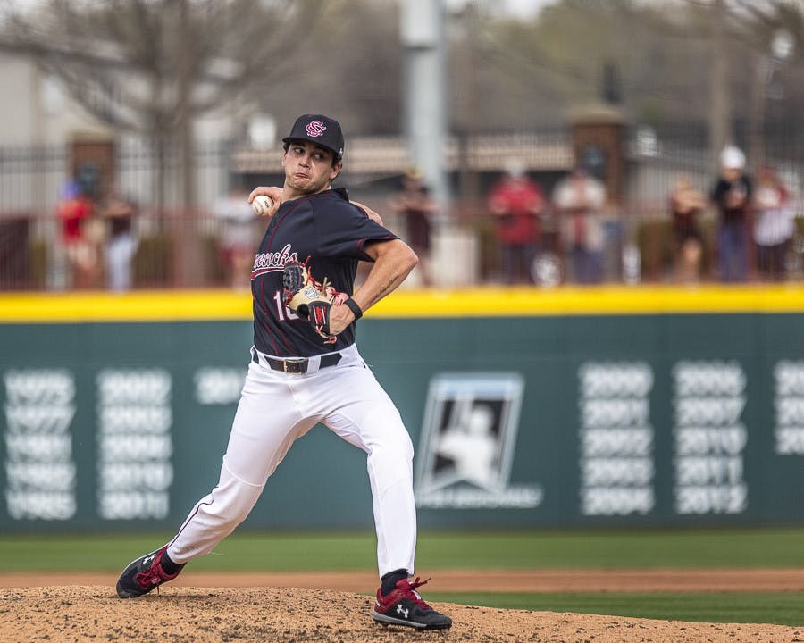 FILE—Freshman pitcher Eli Jerzembeck winds up his arm to pitch to the Fighting Quaker batter at Founders Park on Feb. 26, 2023. The Gamecocks won all three games in the series after their 6-5 win. &nbsp;&nbsp;&nbsp;