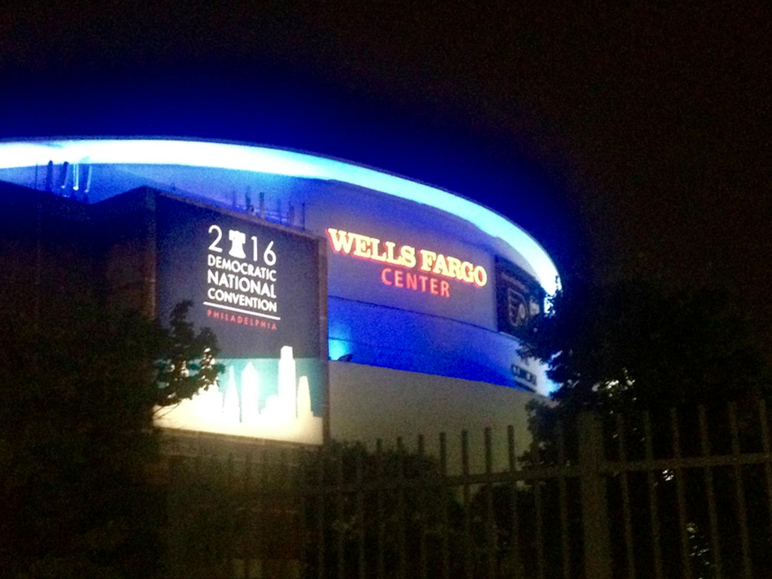 The Wells Fargo Center, bathed in blue on the first night of hosting the Democratic National Convention in Philadelphia on July 25, 2016.