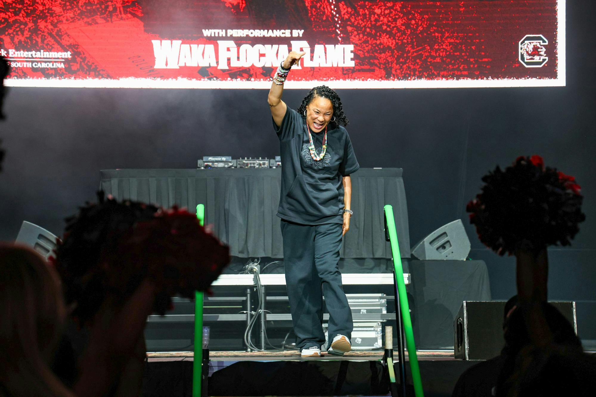 South Carolina women's basketball team head coach Dawn Staley walks across the stage at GarNET &amp; Black Madness on Oct. 21, 2025, at Colonial Life Arena. This upcoming season will be Staley's 18th season with the Gamecocks.