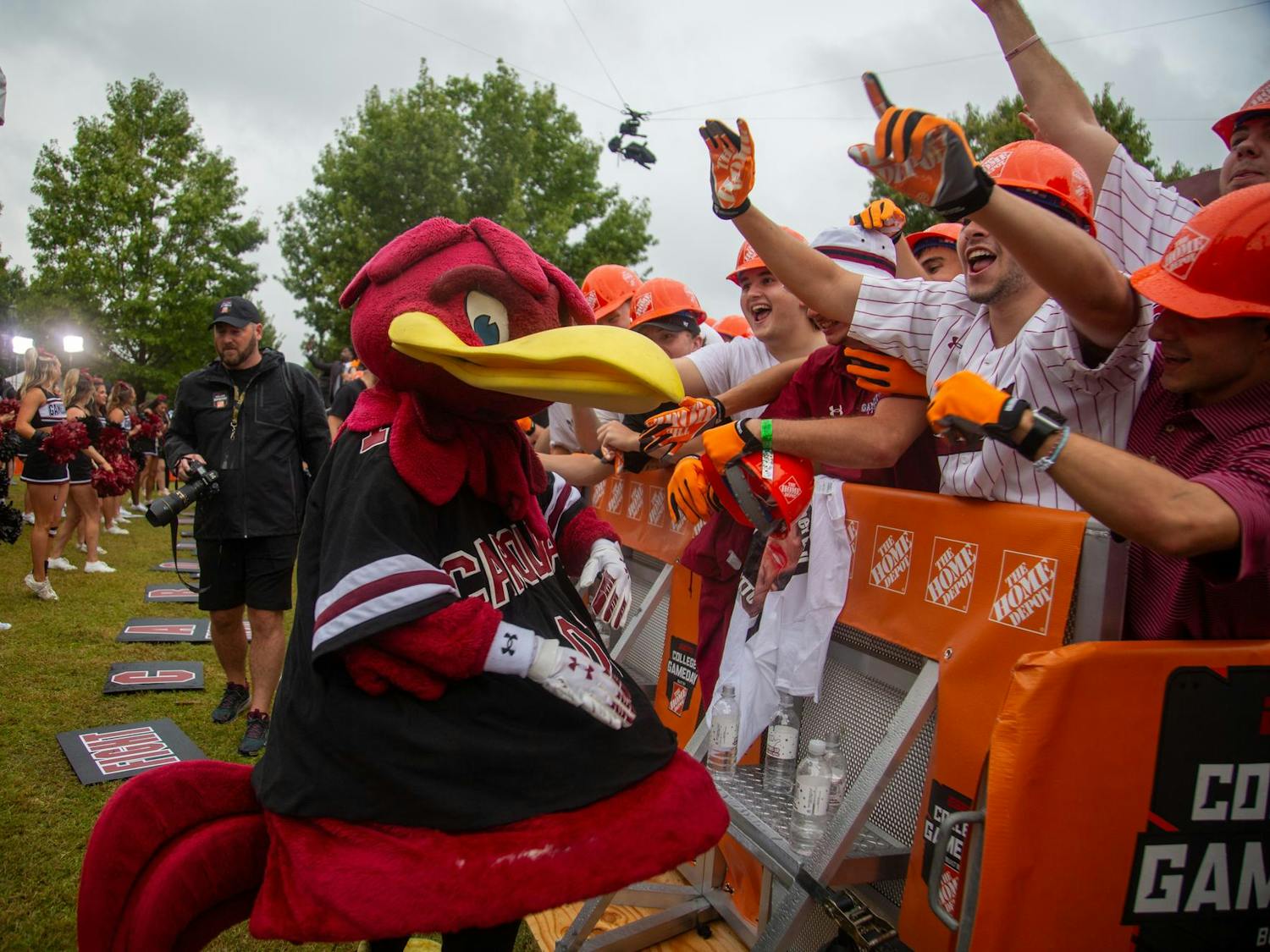 The University of South Carolina's mascot Cocky engages with fans at ESPN College GameDay on Sept. 14, 2024. Fans waited for 12 hours outside of the gates to be the first into the pit for the live broadcast.