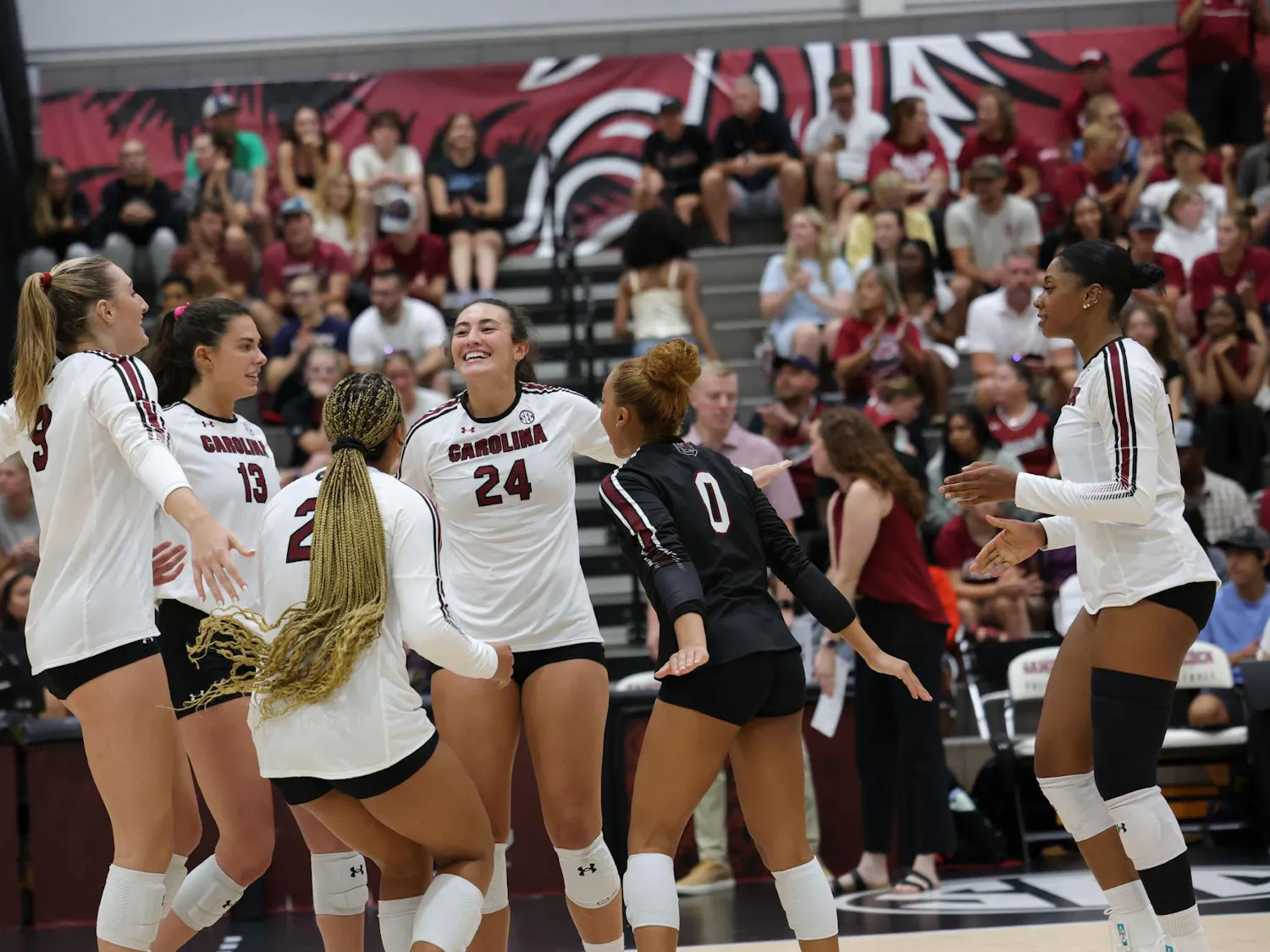 The South Carolina Volleyball Team celebrates its win, going 3-0 in a match against ETSU on Aug. 29 at the Carolina Volleyball Center.