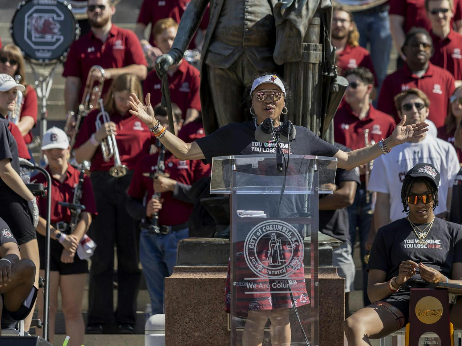 Gamecock women's basketball head coach Dawn Staley speaks on the steps of the Statehouse on April 14, 2024. Staley thanked her coaches, the university and God, among many others.