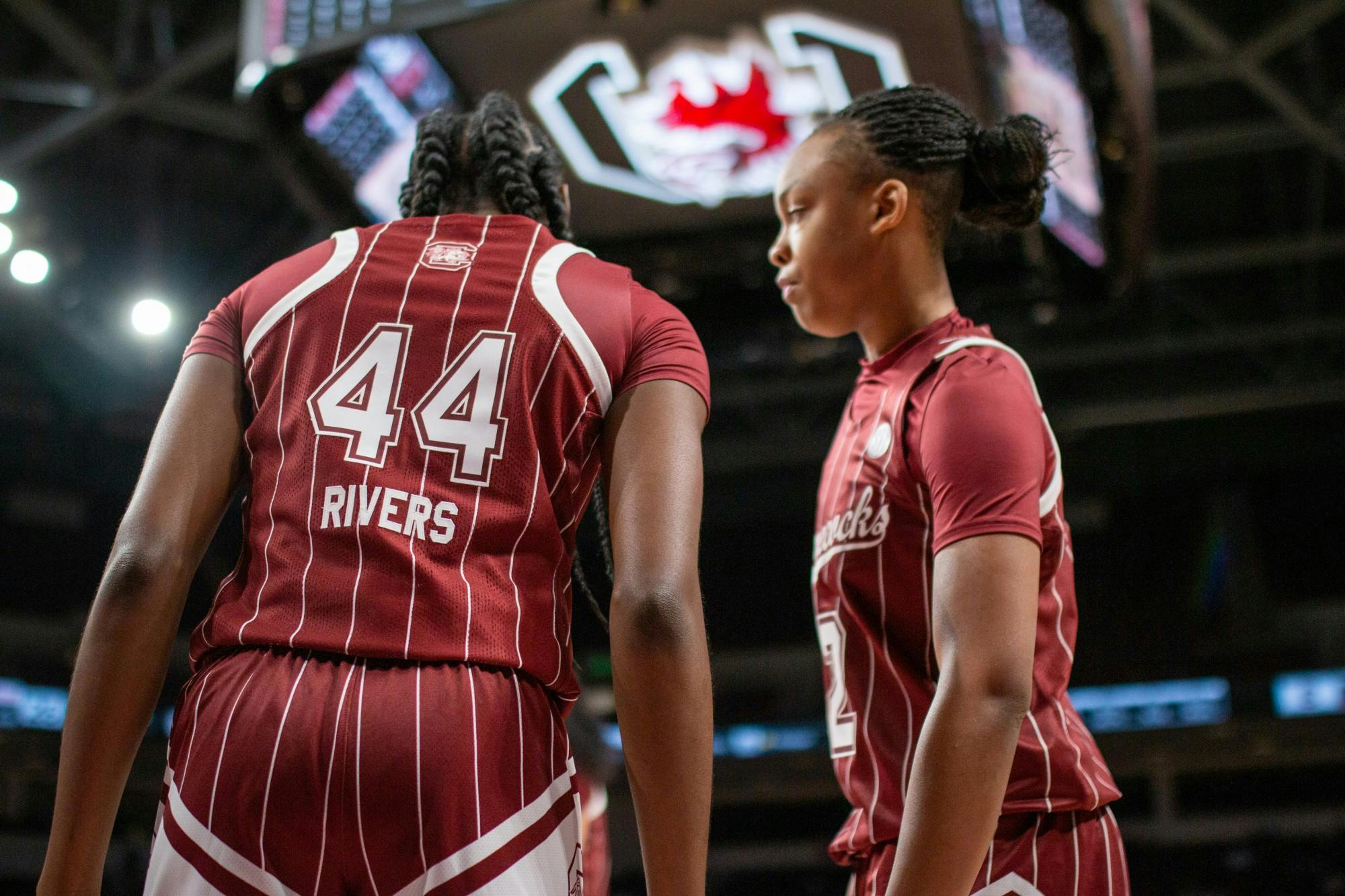 Freshman Guard Saniya Rivers and Sophomore Guard Eniya Russell share some words of encouragement on January 24, 2022 in Columbia, SC. The Gamecocks dominated both halves, defeating Vanderbilt 85-30. 