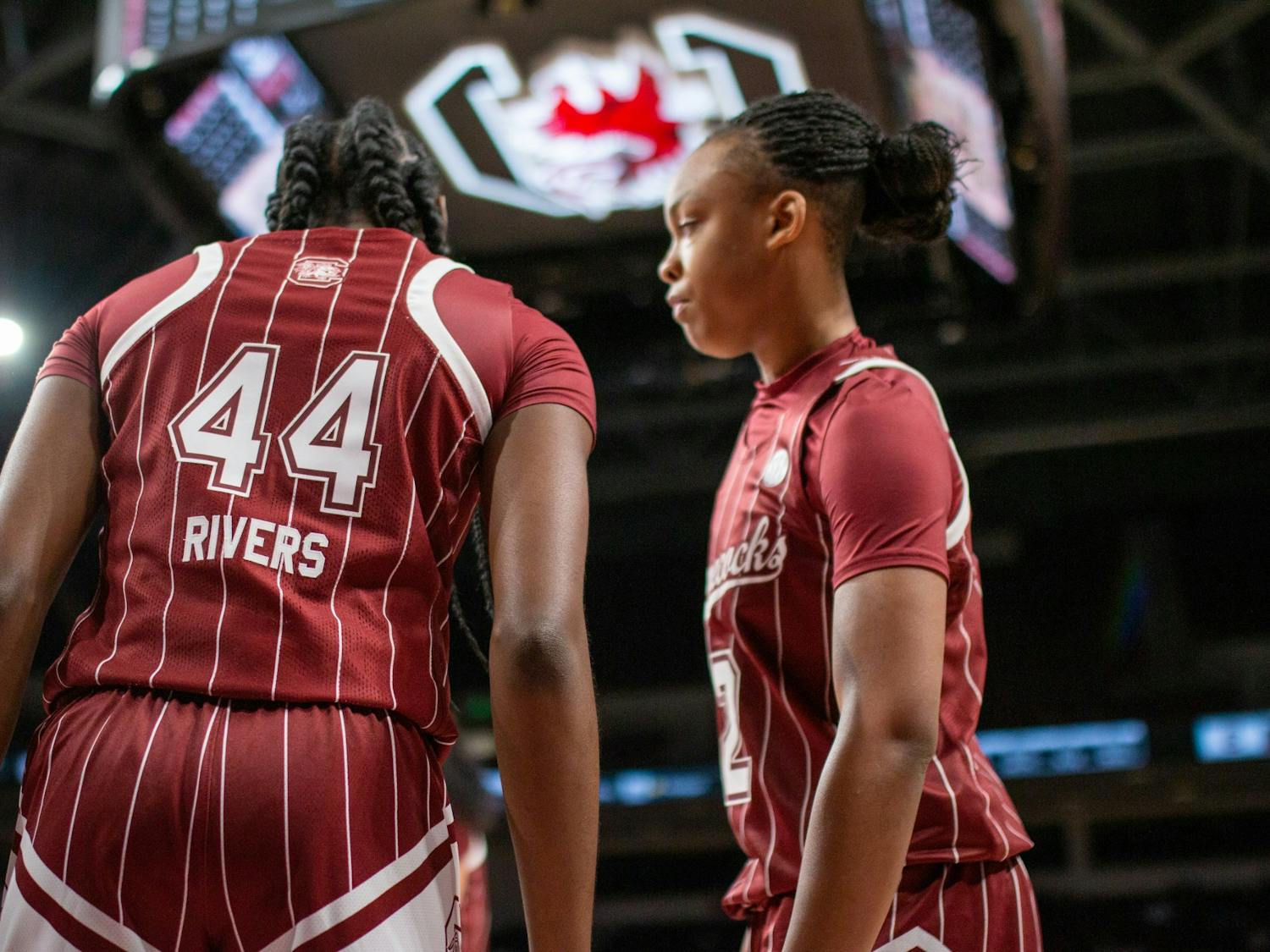 Freshman Guard Saniya Rivers and Sophomore Guard Eniya Russell share some words of encouragement on January 24, 2022 in Columbia, SC. The Gamecocks dominated both halves, defeating Vanderbilt 85-30. 