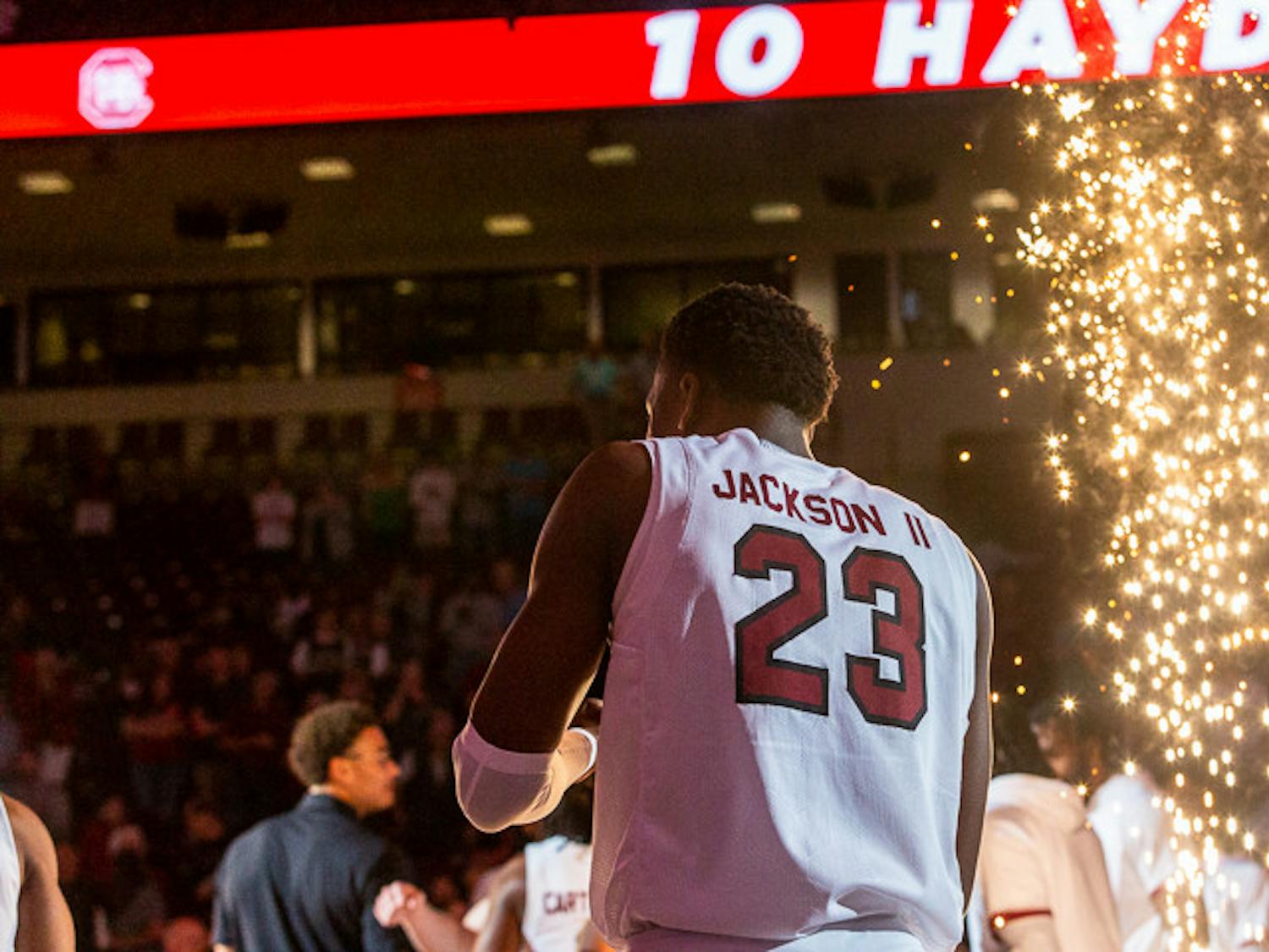 Freshman forward Gregory “GG” Jackson II prepares his handshake when teammate Hayden Brown comes out for introductions. The Gamecocks defeated S.C. State 80-77 in their season opener on Nov. 8, 2022.