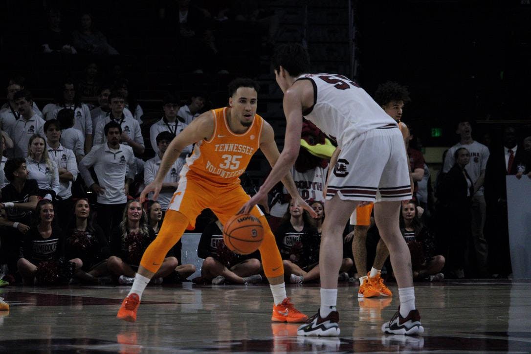 Senior Guard Mike Sharavjamts progressing up the court while dribbling the ball. The Gamecocks went on to lose 78-59 to the Tennessee Volunteers on March. 3, 2026.