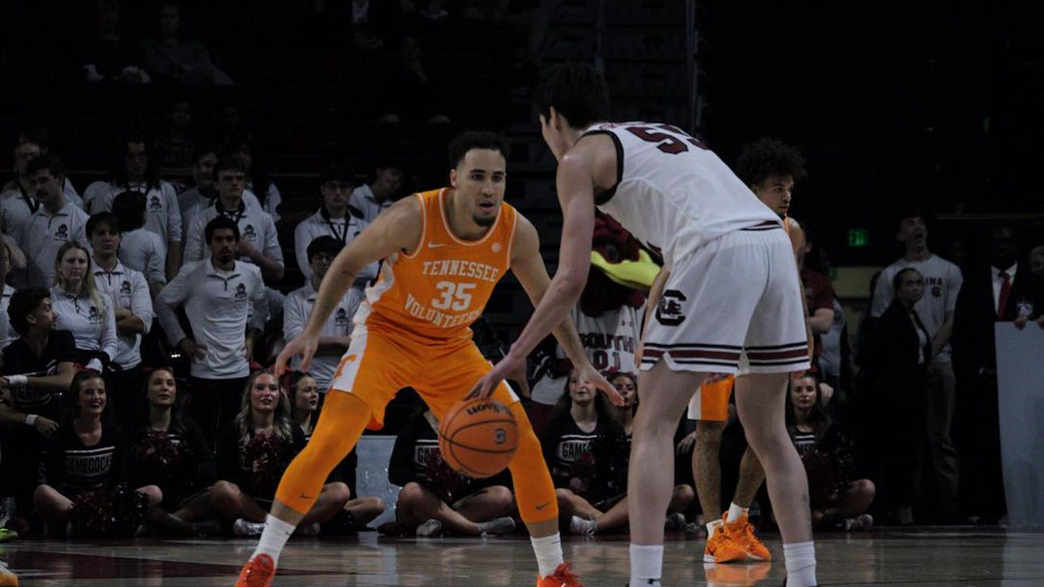 Senior guard Mike Sharavjamts progresses up the court while dribbling the ball. The Gamecocks went on to lose 78-59 to the Tennessee Volunteers on March 3, 2026.