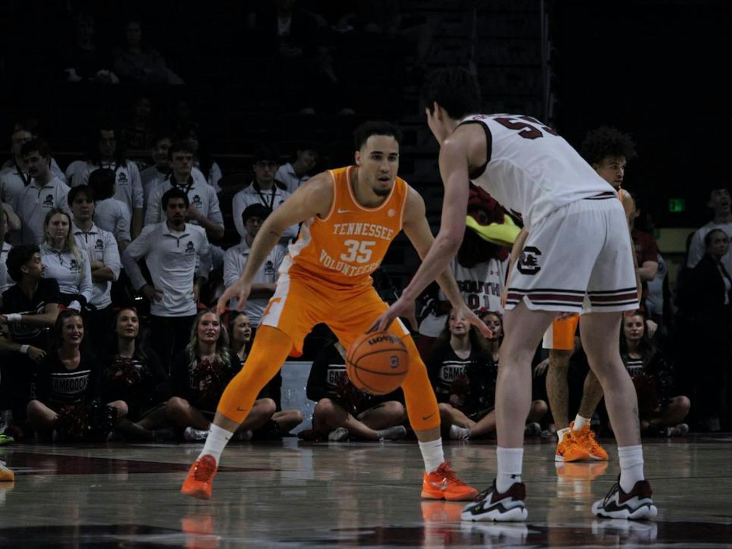 Senior guard Mike Sharavjamts progresses up the court while dribbling the ball. The Gamecocks went on to lose 78-59 to the Tennessee Volunteers on March 3, 2026.
