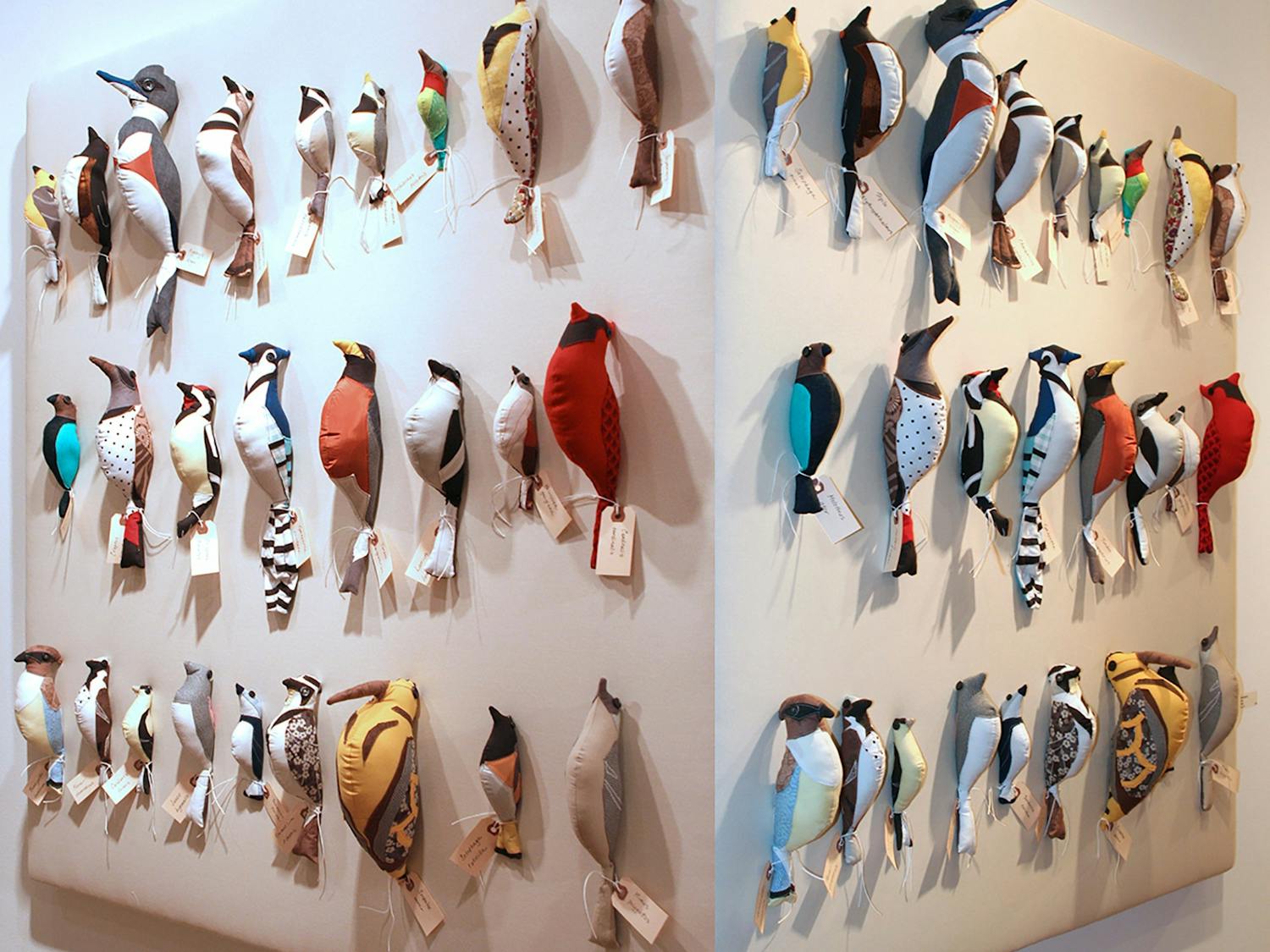 Collection of the stuffed birds handcrafted by Eloisa Guanlao, sewn from her children’s outgrown clothing.