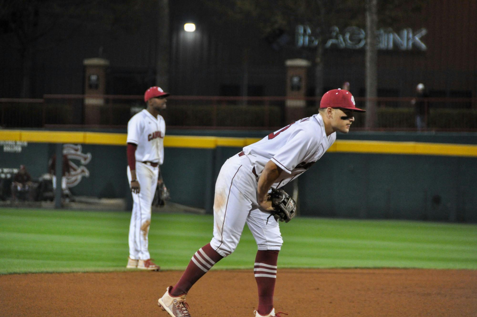 Senior infielder Kevin Madden and freshman infielder and right-handed pitcher Michael Braswell are ready for action during a game against Presbyterian on March 29, 2022. South Carolina lost 9-6. &nbsp;