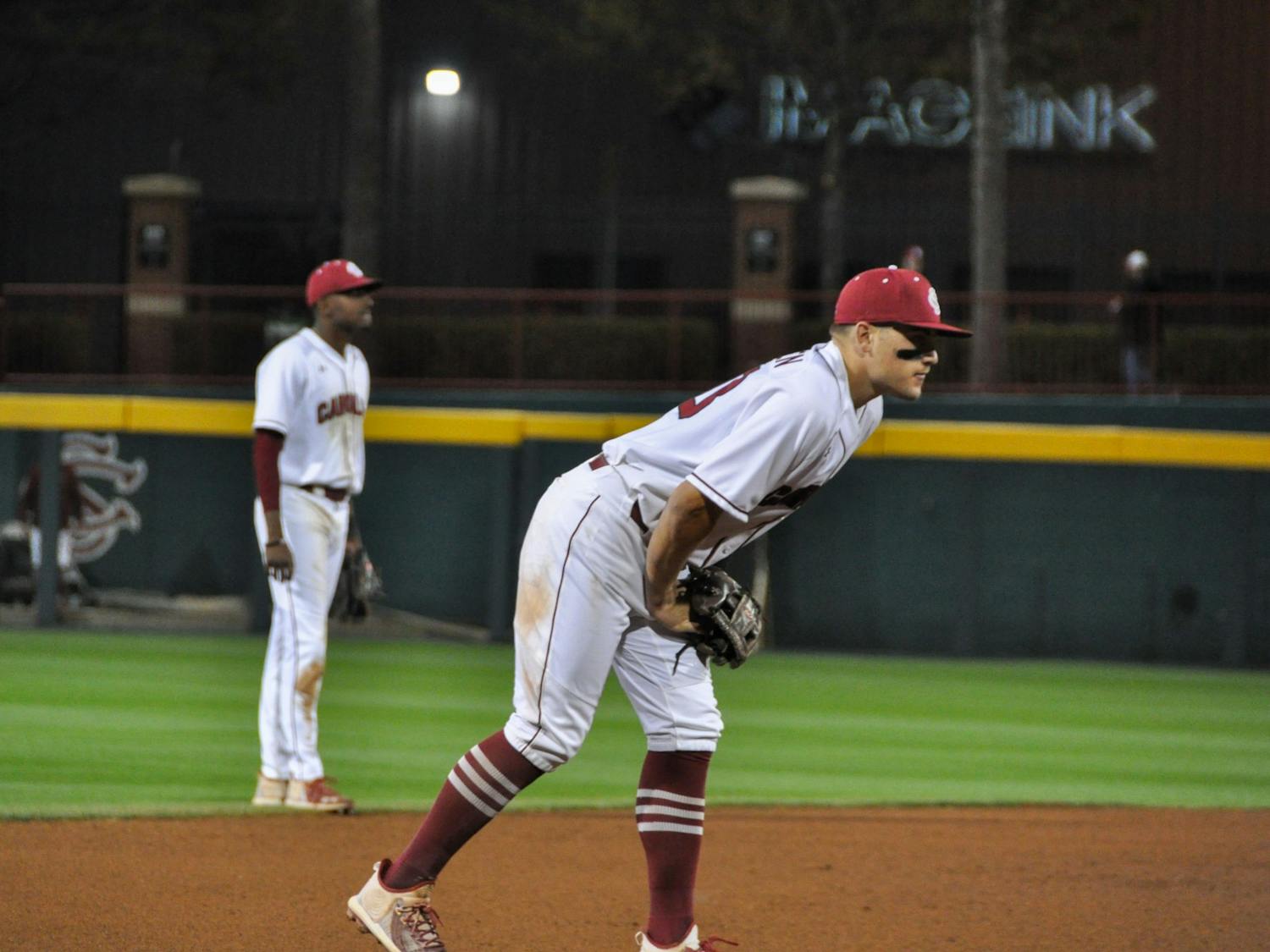 Senior infielder Kevin Madden and freshman infielder and right-handed pitcher Michael Braswell are ready for action during a game against Presbyterian on March 29, 2022. South Carolina lost 9-6. &nbsp;