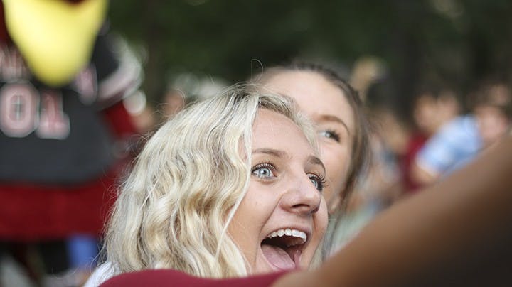 Students take a selfie with Cocky during "First Night Carolina" on the horseshoe, Wednesday. 