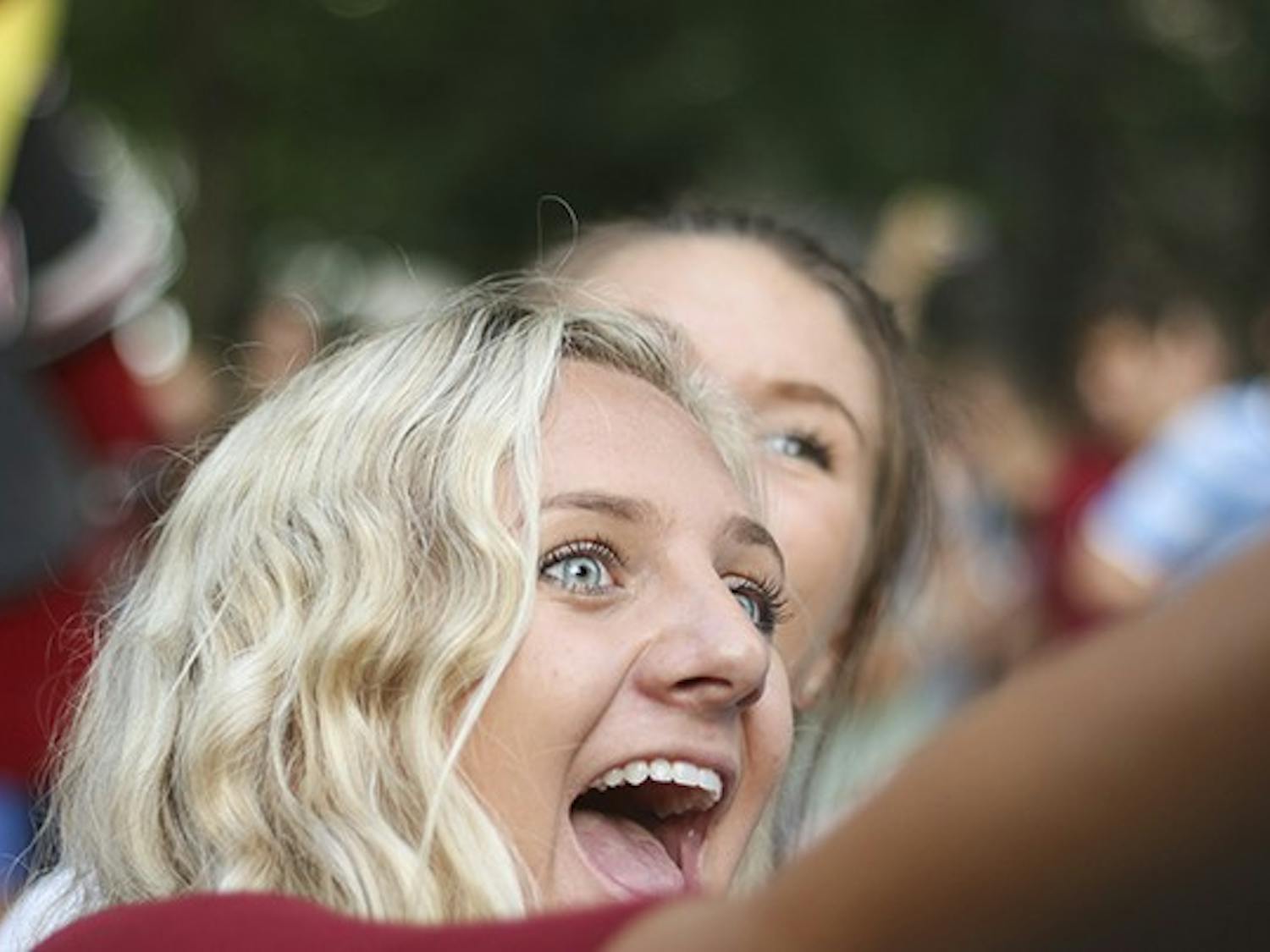 Students take a selfie with Cocky during "First Night Carolina" on the horseshoe, Wednesday. 