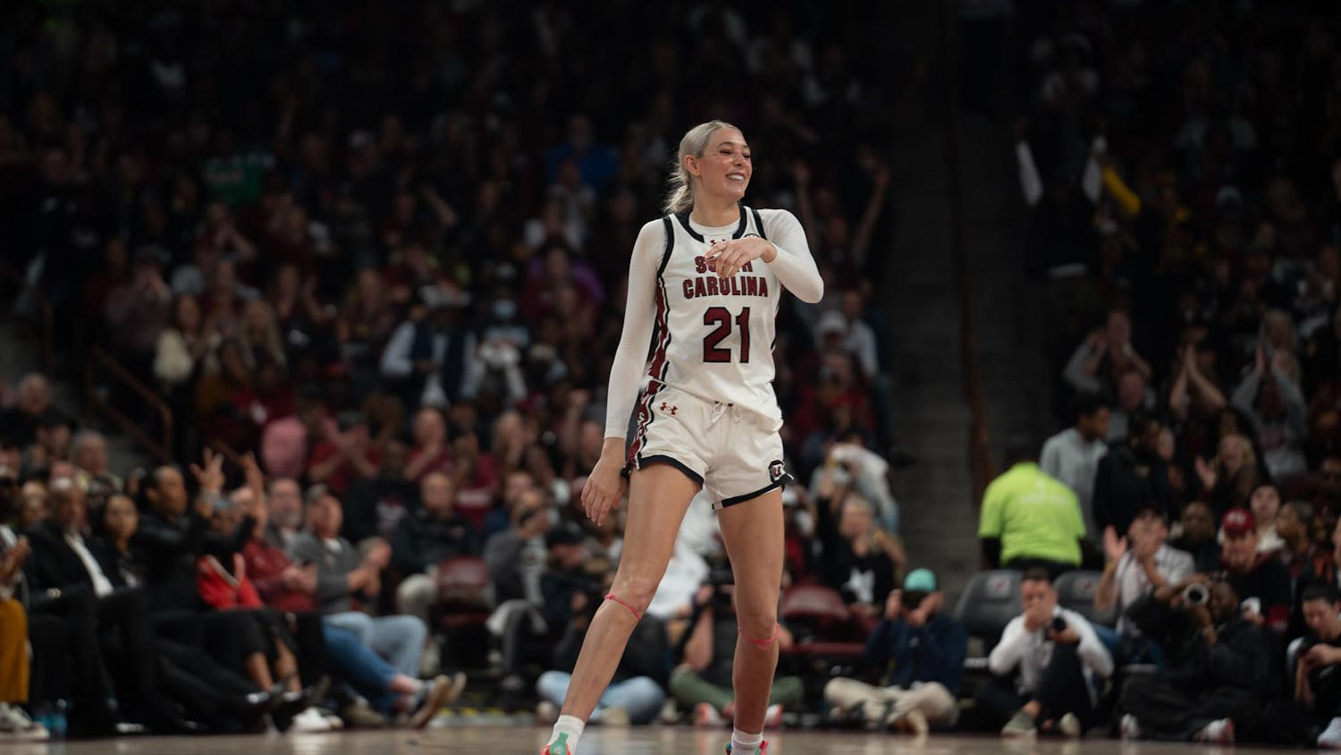 FILE — Junior forward Chloe Kitts laughs with a teammate while getting back on defense during the matchup against the Auburn Tigers at the Colonial Life Arena on Feb. 2, 2025.