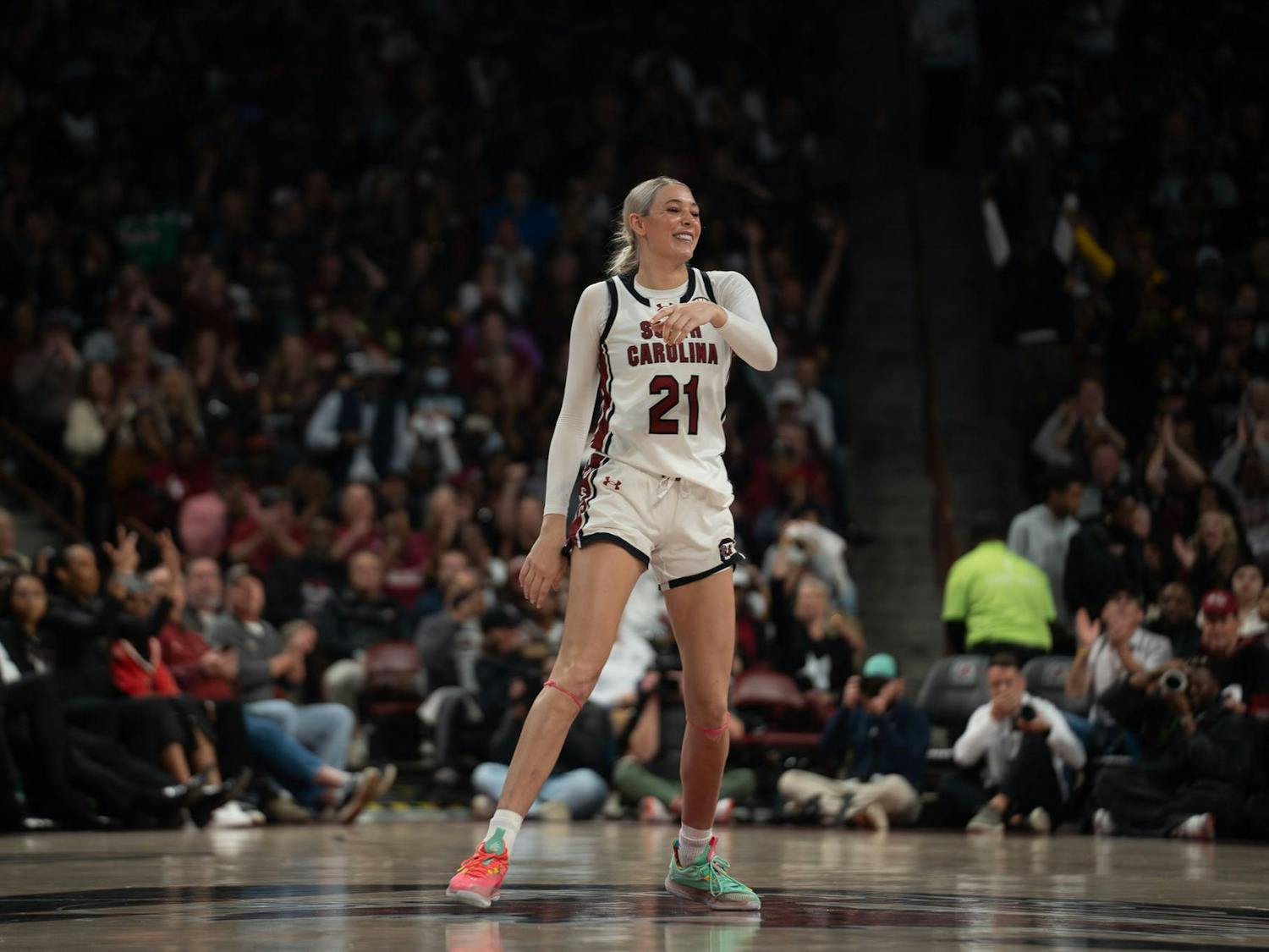 FILE — Junior forward Chloe Kitts laughs with a teammate while getting back on defense during the matchup against the Auburn Tigers at the Colonial Life Arena on Feb. 2, 2025.