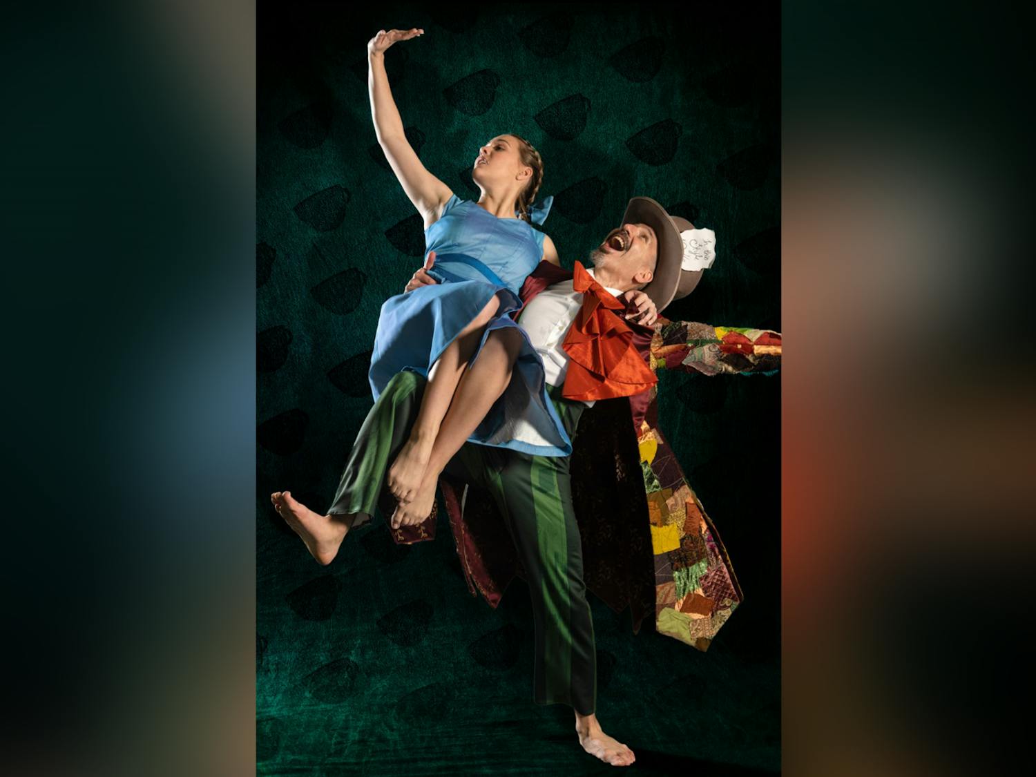 Shown: Assistant Professor of Dance André Megerdichian as the Mad Hatter and second-year dance education student Bailey Brown as Alice in Wonderland. The dance theatre adaptation of the classic Alice in Wonderland will be shown at Drayton Hall Theatre from Feb. 9-11.