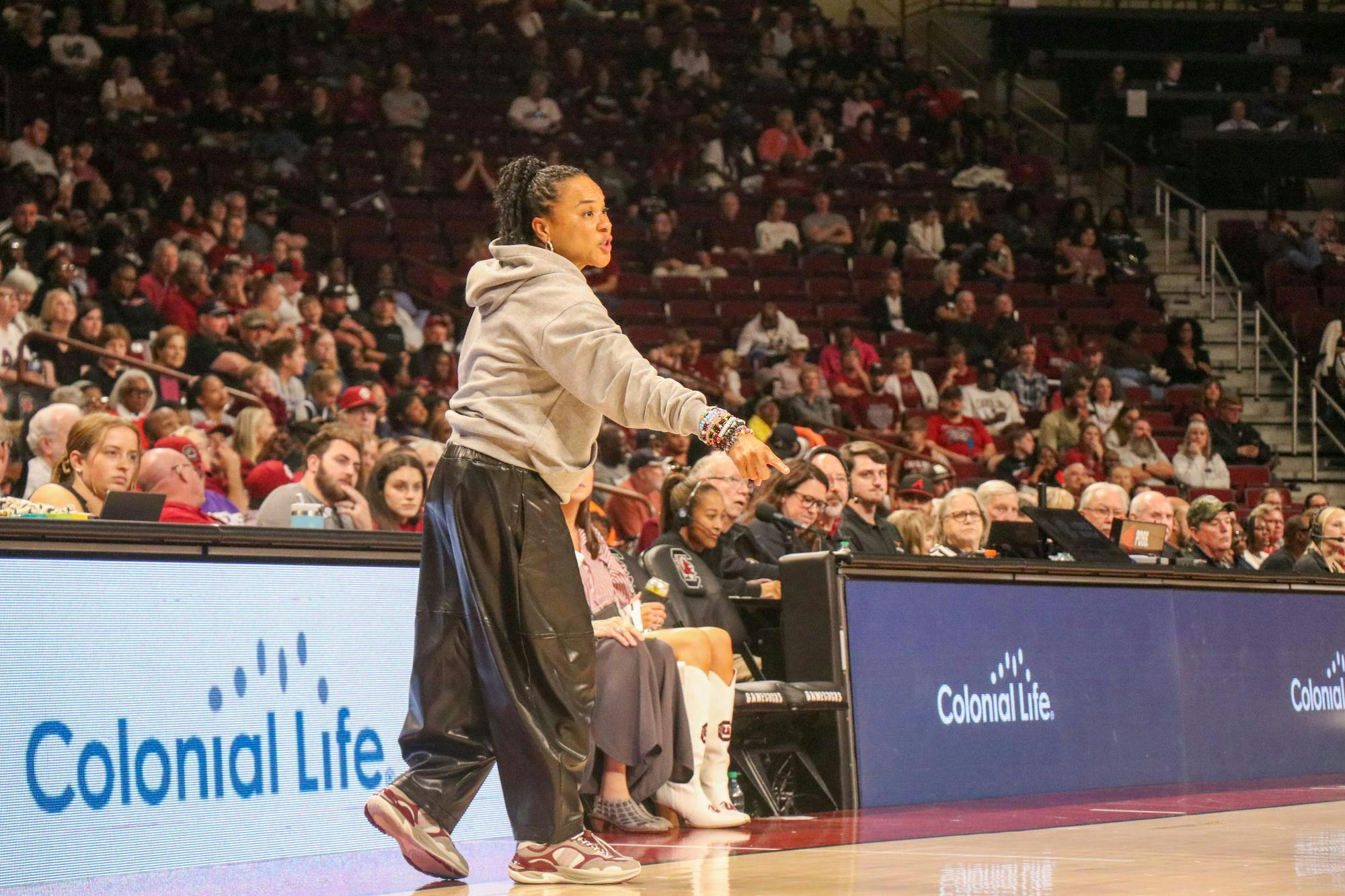Head coach Dawn Staley directs players during a matchup against Queens University of Charlotte on Nov. 23, 2025, at Colonial Life Arena.&nbsp;