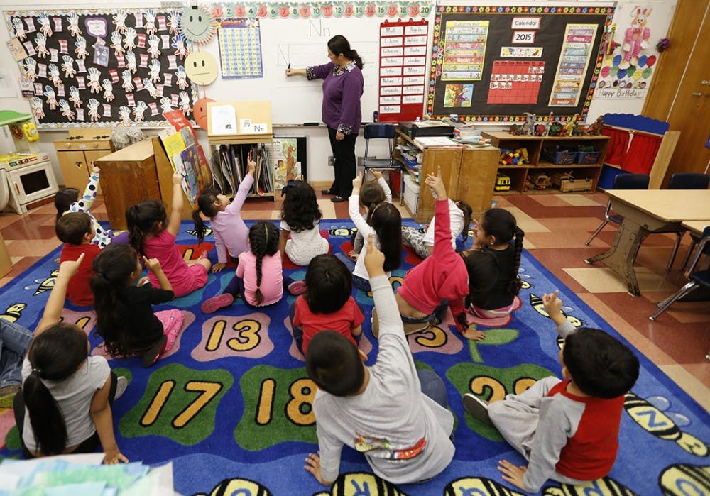 A kindergarten class at Dorris Place Elementary School in Los Angeles in May 2015. A study presented Wednesday, Sept. 28, 2016, to a meeting of education policy officials, researchers found that pre-K educators who were prompted to expect trouble in a classroom trained their gaze significantly longer on black students, especially boys. (Al Seib/Los Angeles Times/TNS)