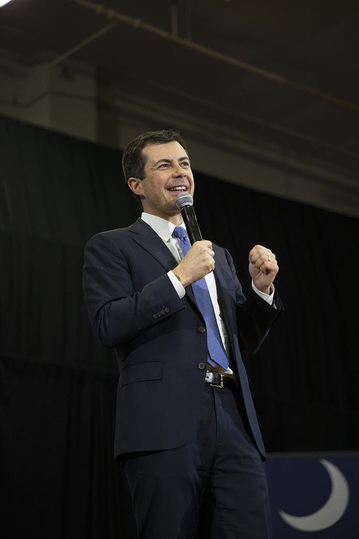 Democratic candidate Pete Buttegieg speaks to the attendees at the Get Out the Vote town hall style forum at a Seven Oaks Park the day before the primaries. Buttigieg answered many questions asked by the forums attendees.&nbsp;