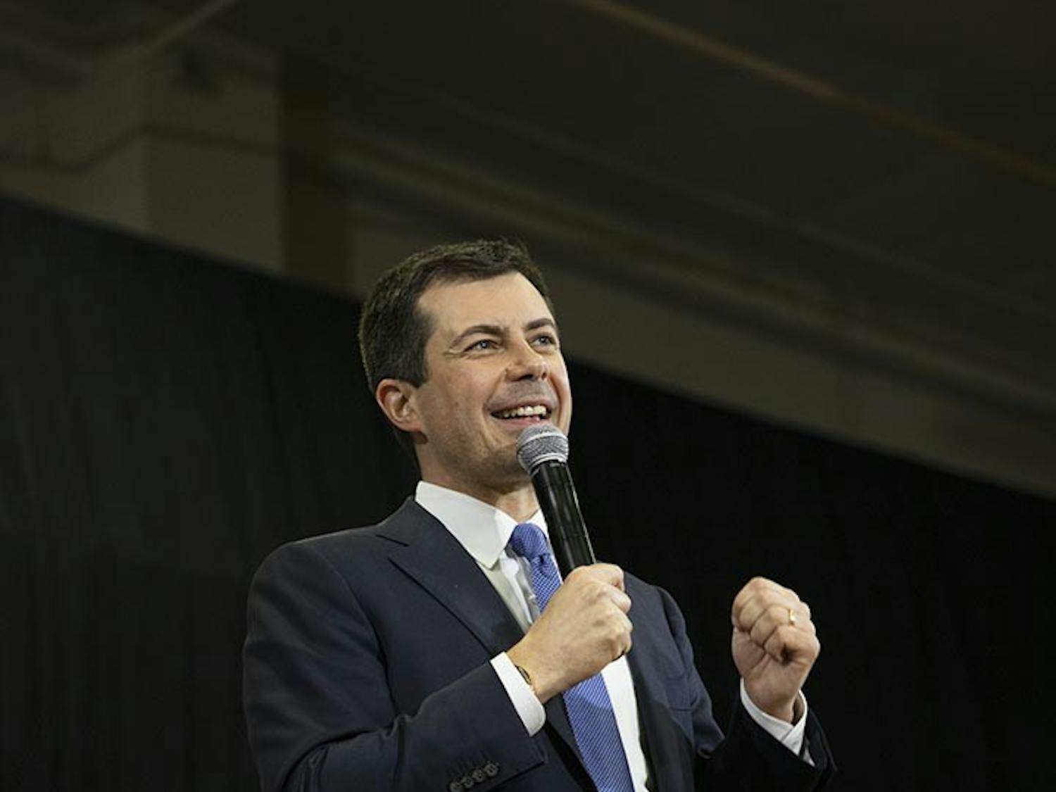 Democratic candidate Pete Buttegieg speaks to the attendees at the Get Out the Vote town hall style forum at a Seven Oaks Park the day before the primaries. Buttigieg answered many questions asked by the forums attendees.&nbsp;