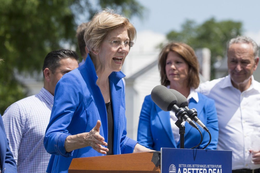 Sen. Elizabeth Warren (D-Mass.) speaks at a news conference alongside the Congressional Democratic Leadership on July 24, 2017, at Rose Hill Park in Berryville, Va. (Alex Edelman/Zuma Press/TNS)