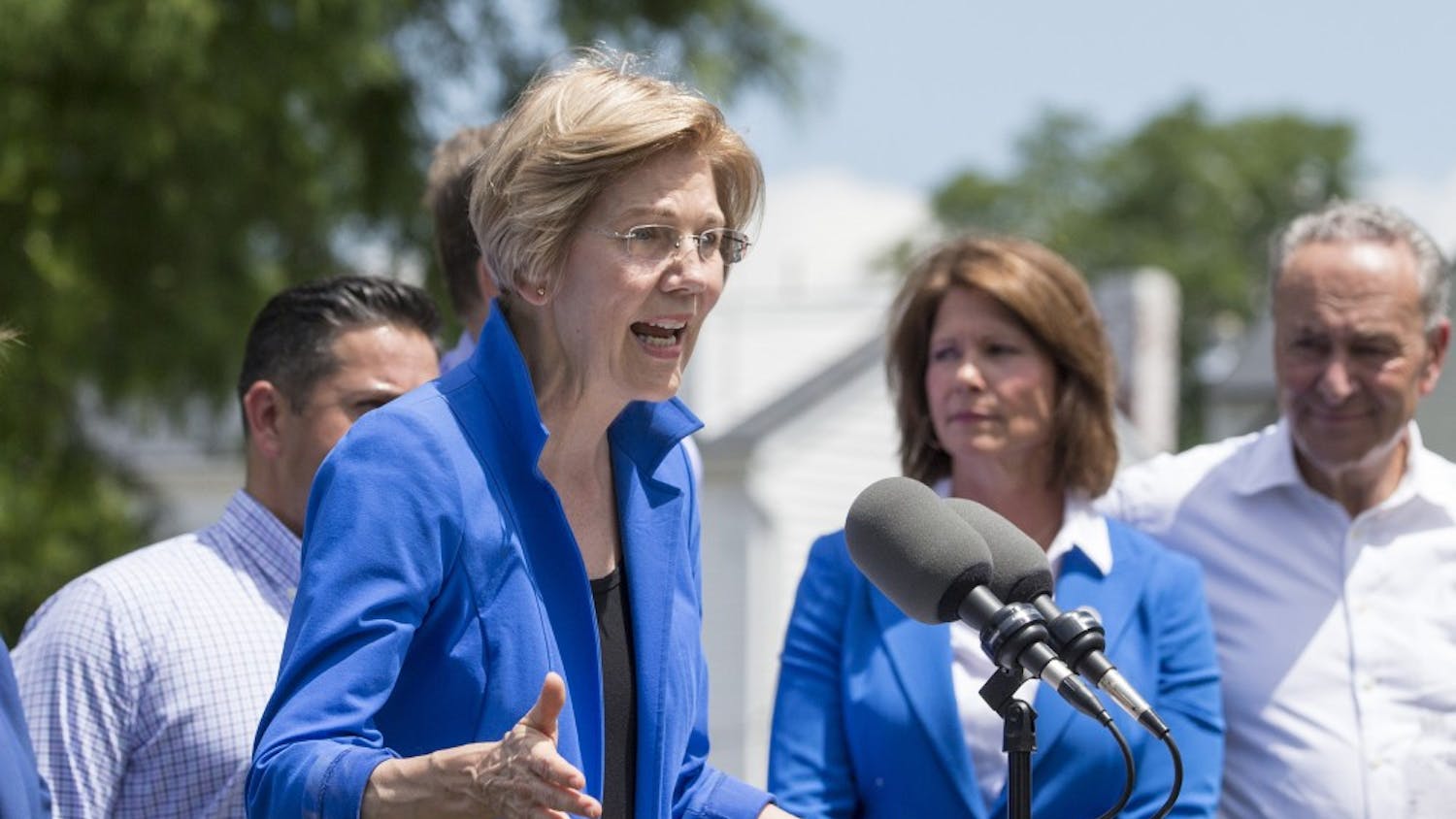 Sen. Elizabeth Warren (D-Mass.) speaks at a news conference alongside the Congressional Democratic Leadership on July 24, 2017, at Rose Hill Park in Berryville, Va. (Alex Edelman/Zuma Press/TNS)