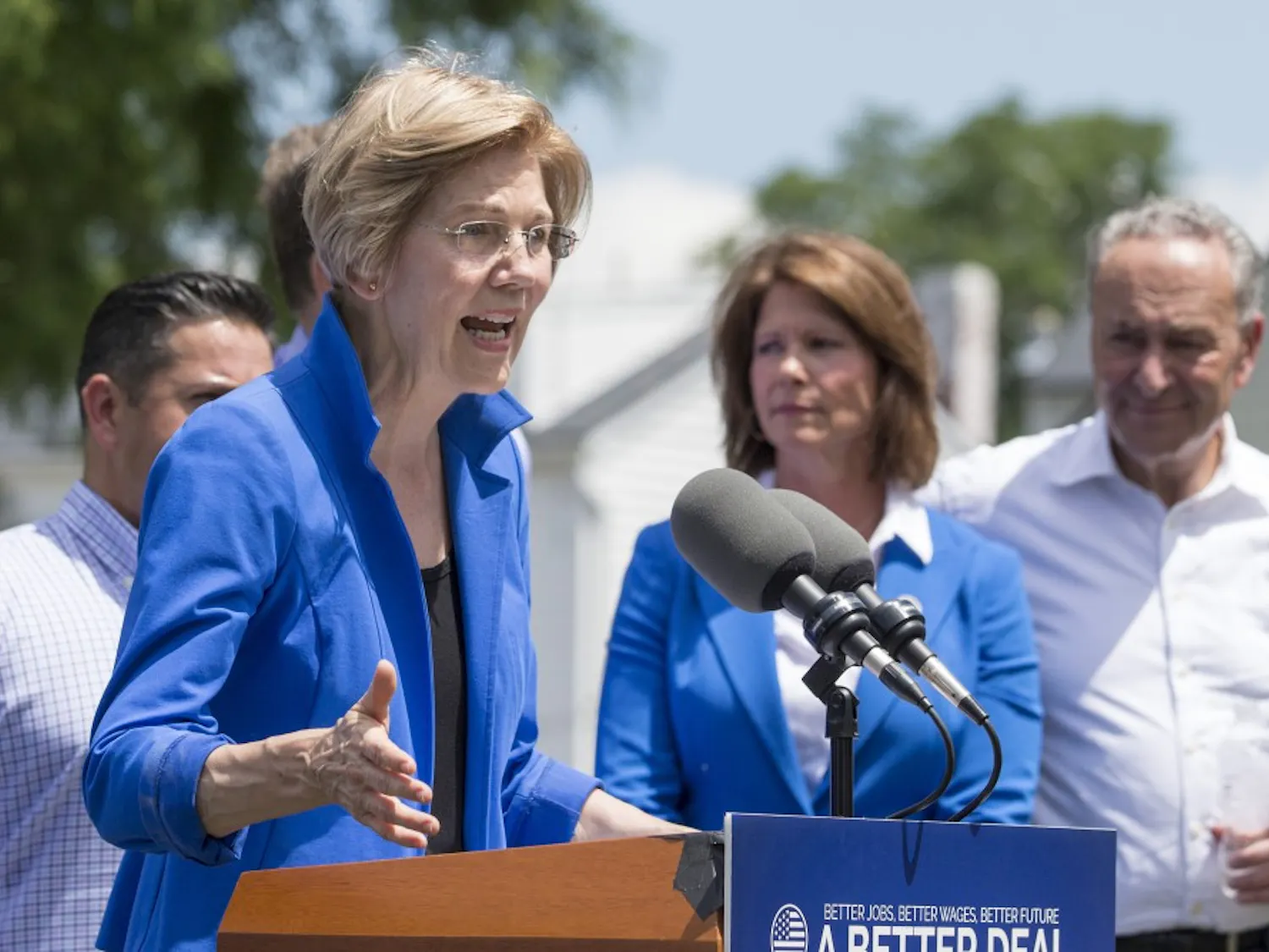 Sen. Elizabeth Warren (D-Mass.) speaks at a news conference alongside the Congressional Democratic Leadership on July 24, 2017, at Rose Hill Park in Berryville, Va. (Alex Edelman/Zuma Press/TNS)