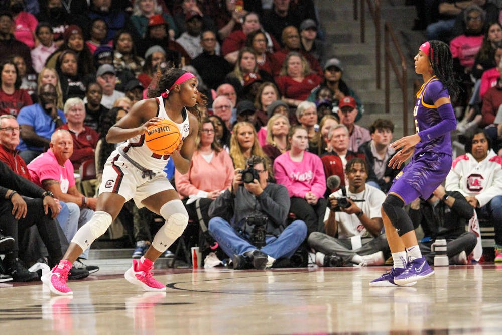 <p>FILE — Freshman guard Raven Johnson possesses the ball during South Carolina’s game against LSU at Colonial Life Arena on Feb. 12, 2023. The Gamecocks beat the Tigers 88-64.</p>