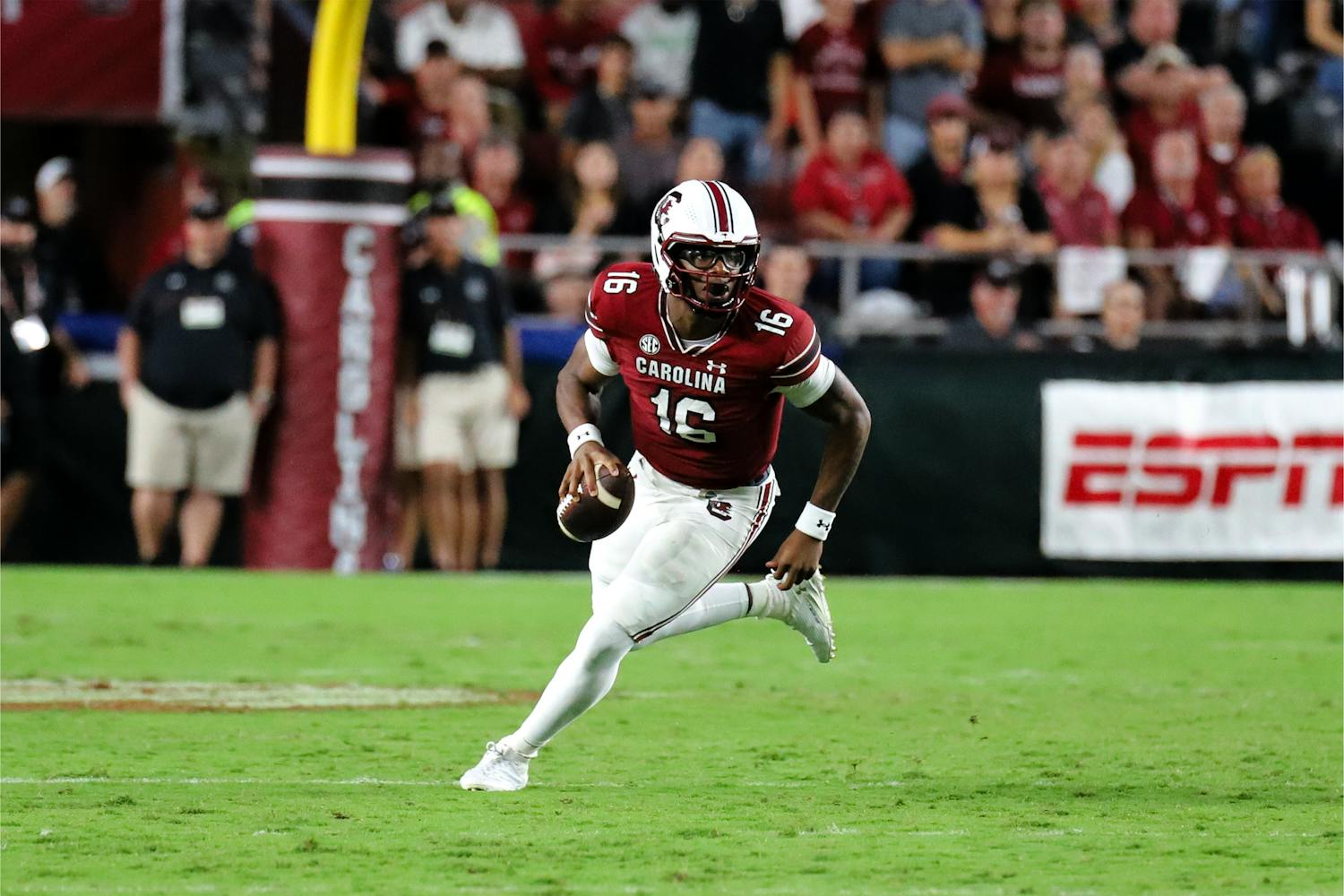 Freshman quarterback LaNorris Sellers looks for an open player to throw the ball to late in South Carolina's 47-21 victory over Furman. A former top five recruit in the state, Sellers made his official debut and passed for 86 yards and two touchdowns against the Paladins.