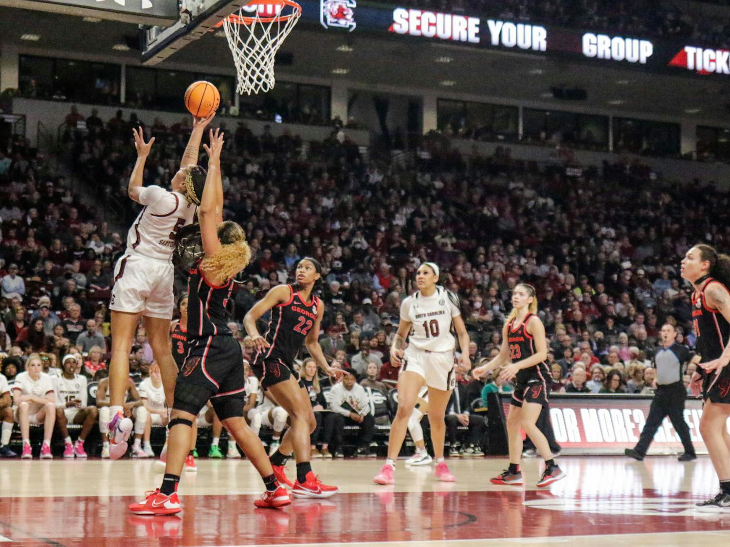 Senior forward Victaria Saxton goes for a layup during South Carolina’s game against Georgia at Colonial Life Arena on Feb. 26, 2023. The Gamecocks beat the Bulldogs 73-63.