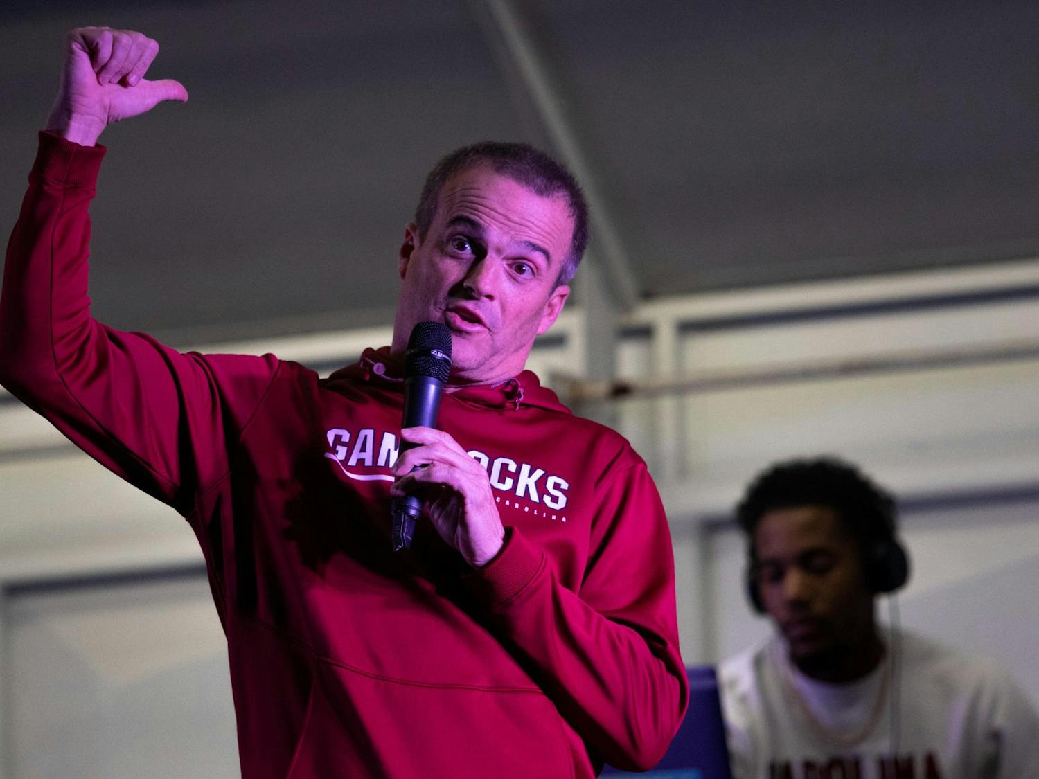 Head football coach Shane Beamer speaks to students and local Gamecock fans at Tiger Burn on Nov. 20, 2023. Beamer said fans have an impact on games at Williams-Brice Stadium and encouraged people to attend Saturday's game. 