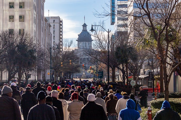 The NAACP chapter of South Carolina held its "Kings Day at the Dome" event on Jan. 16, 2023. The day started early with a prayer service at Zion Baptist Church, bringing in religious leaders from across the state. After the service, members from the NAACP, the Free Masons, Shriners, United Campus Workers and other civil rights groups marched towards the South Carolina Statehouse where speakers honored Martin Luther King Jr. and called for continued action toward the fight for equality.