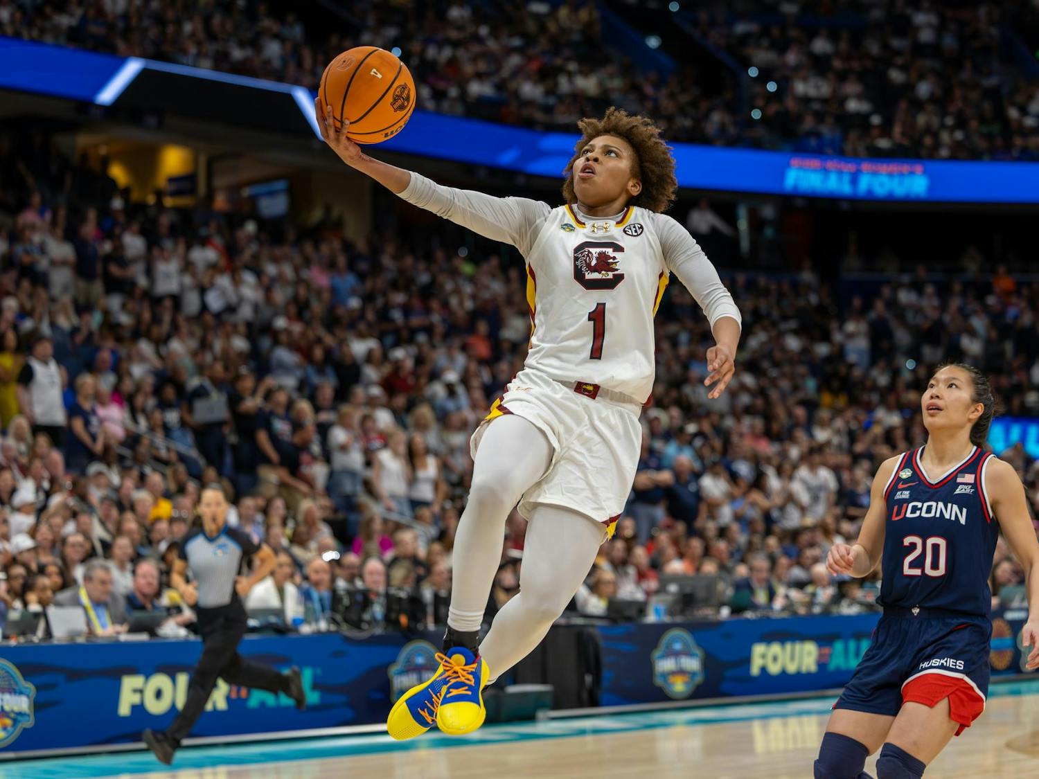 Freshman guard Maddy McDaniel shoots a layup towards the end of South Carolina's game against UConn on April 6, 2025 at Amalie Arena. The Gamecocks lost to the Huskies 82-59, ending their season as the national runners-up.