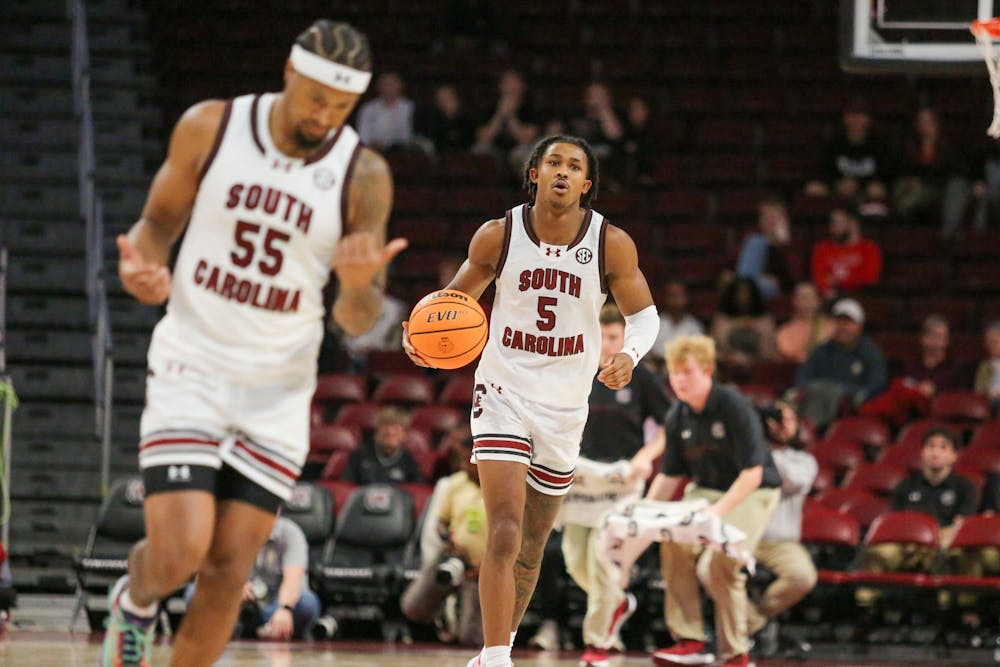 <p>FILE — Junior guard Meechie Johnson dribbles down the court during South Carolina’s exhibition game against Wofford at Colonial Life Arena on Nov. 1, 2023. The Gamecocks beat the Terriers 60-57.</p>