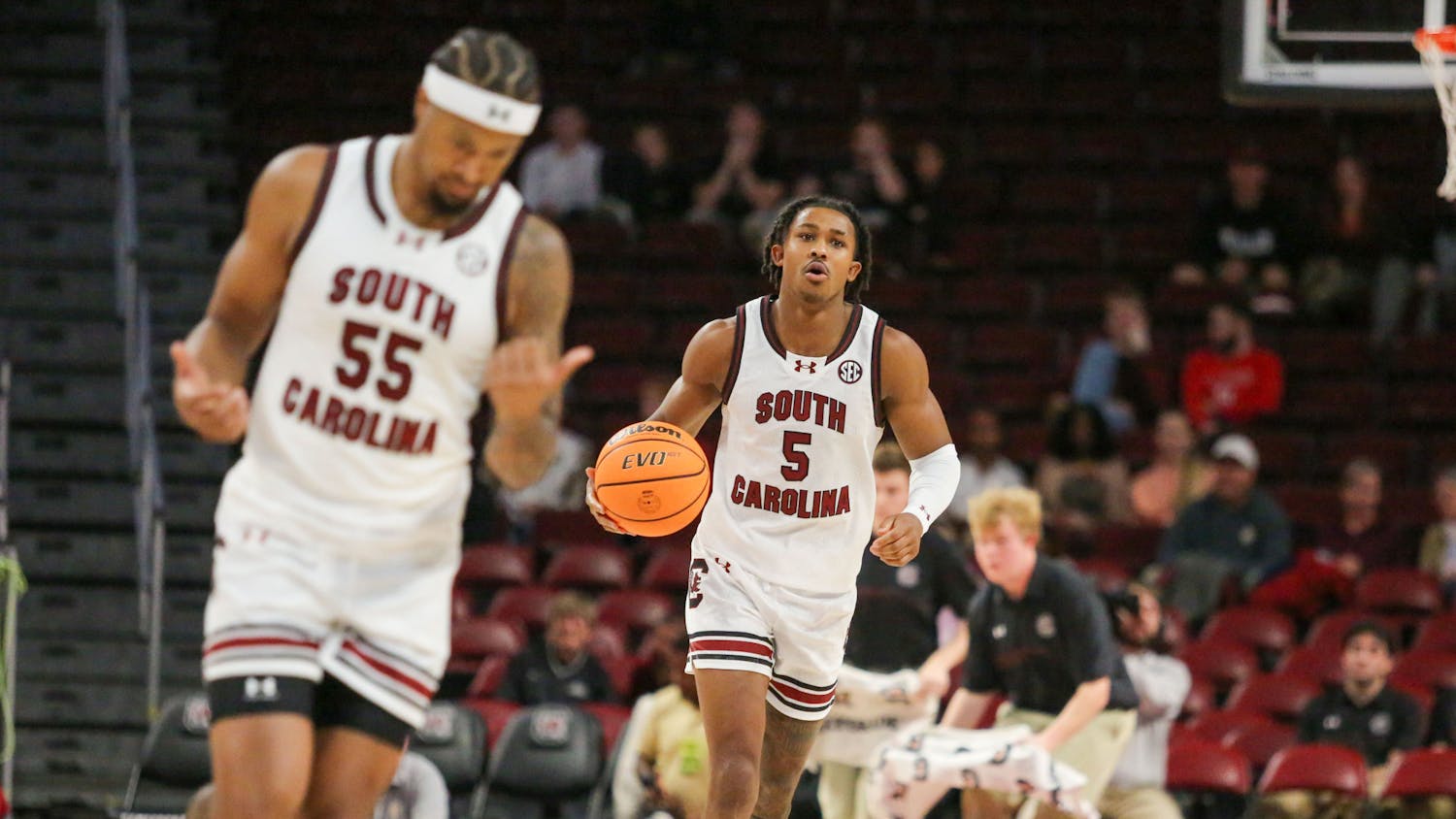 FILE — Junior guard Meechie Johnson dribbles down the court during South Carolina’s exhibition game against Wofford at Colonial Life Arena on Nov. 1, 2023. The Gamecocks beat the Terriers 60-57.