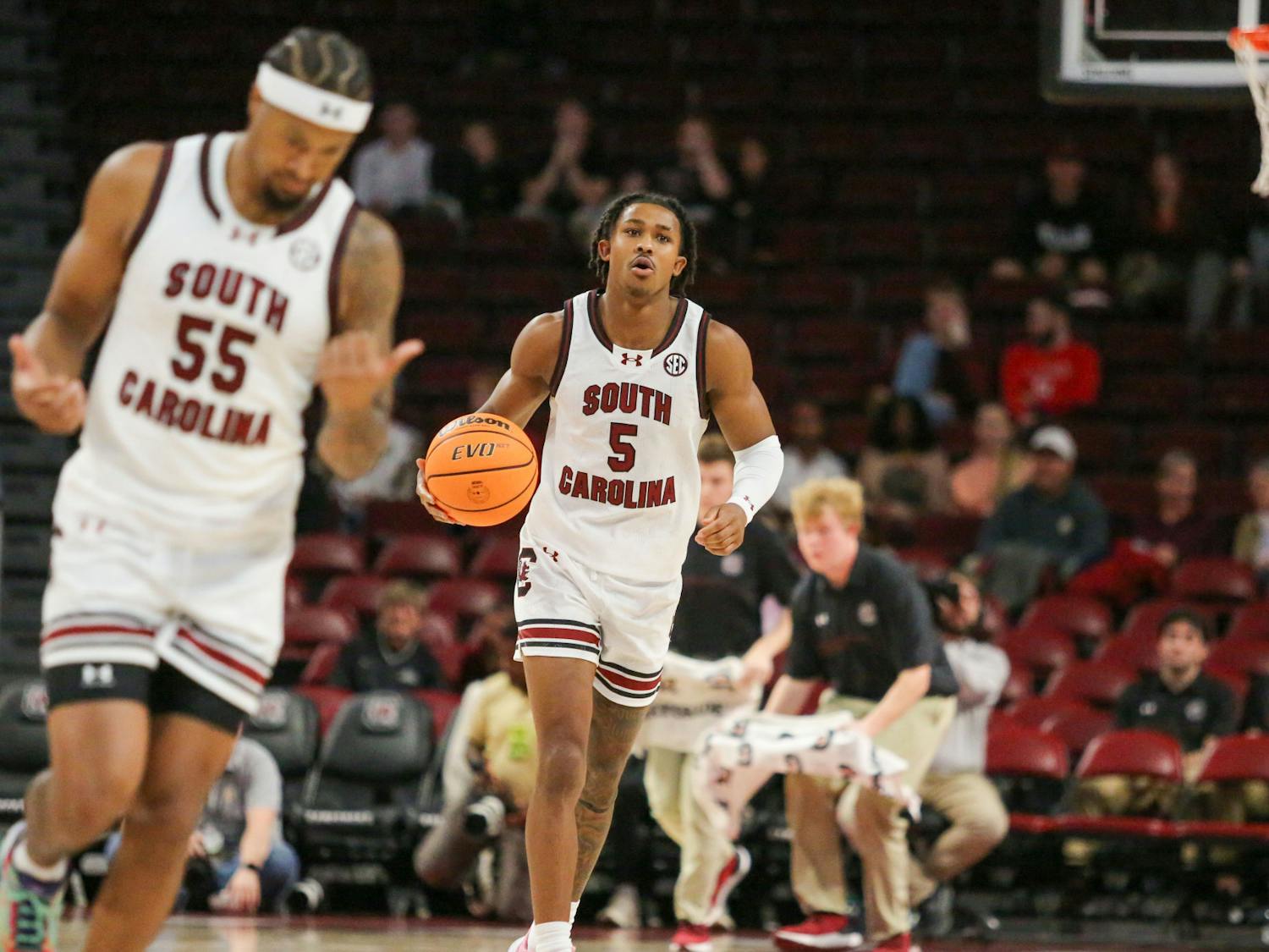FILE — Junior guard Meechie Johnson dribbles down the court during South Carolina’s exhibition game against Wofford at Colonial Life Arena on Nov. 1, 2023. The Gamecocks beat the Terriers 60-57.