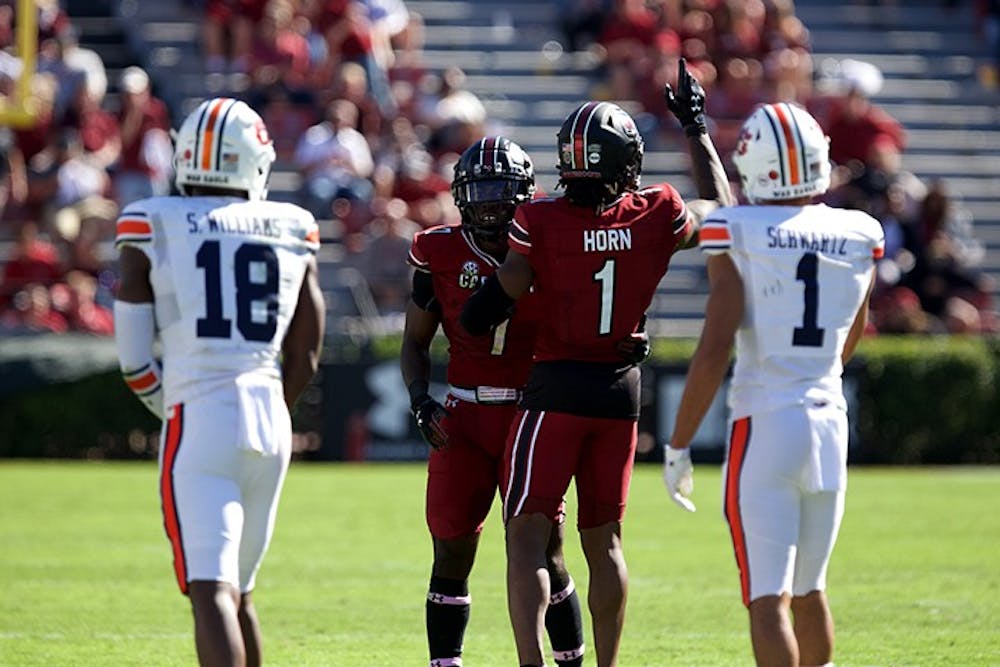 Cornerback Jaycee Horn celebrates his tackle during the third quarter of the game on Saturday, Oct. 17. South Carolina upset Auburn 30-22 at home.