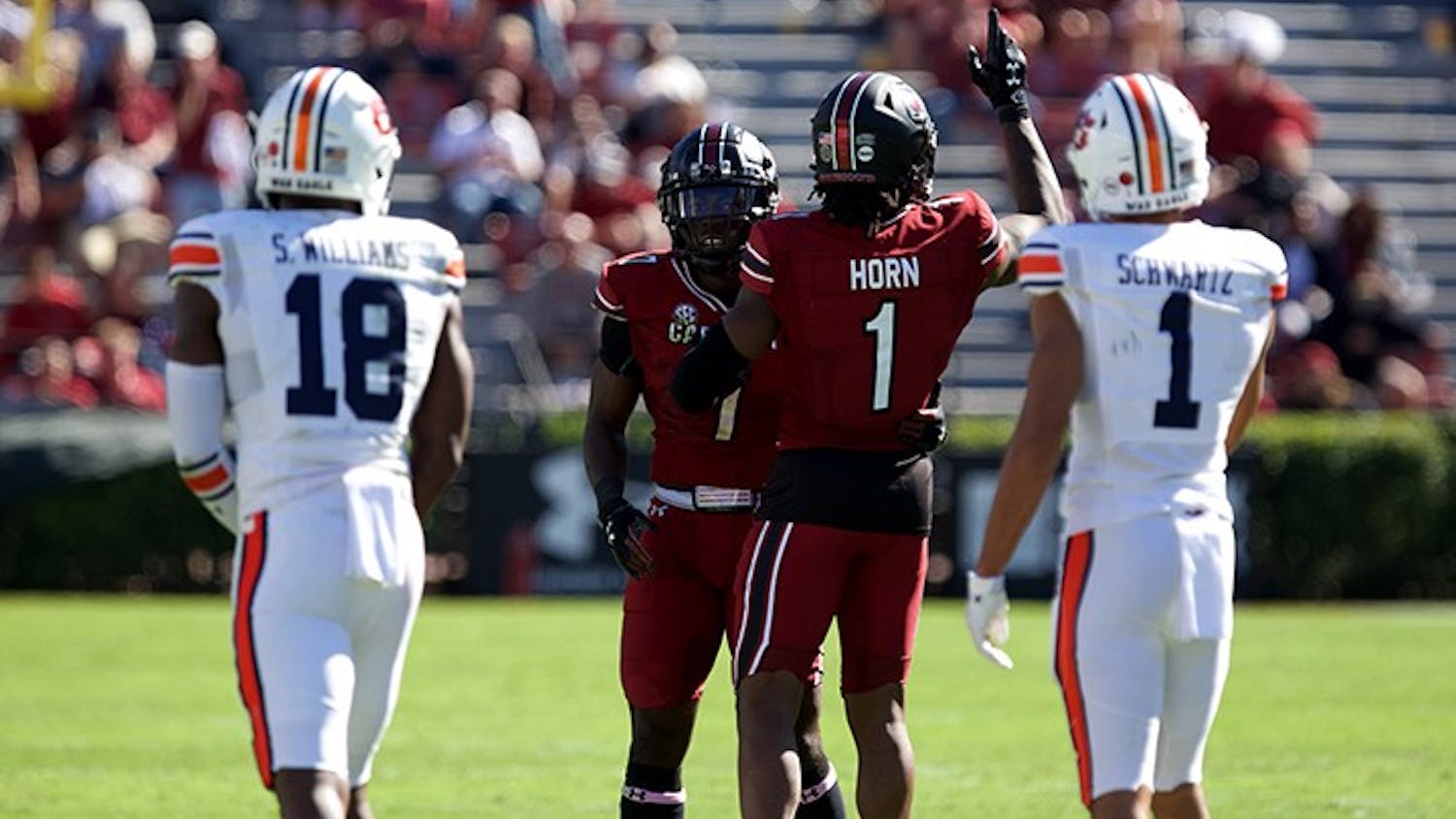 Cornerback Jaycee Horn celebrates his tackle during the third quarter of the game on Saturday, Oct. 17. South Carolina upset Auburn 30-22 at home.