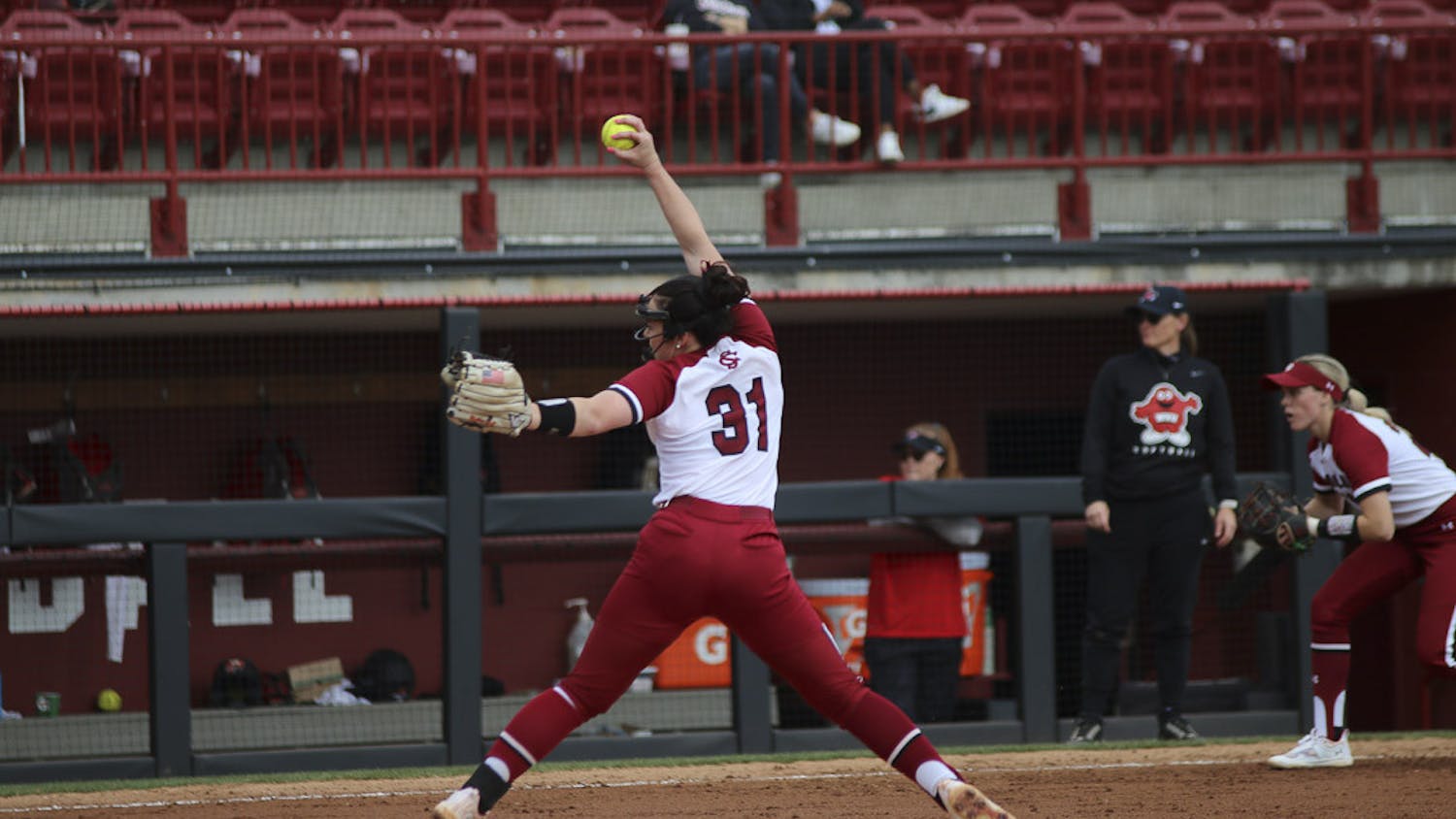 Senior pitcher Karsen Ochs throws a pitch during the match against Western Kentucky University at Beckham Field on Feb. 19, 2023. The Gamecocks beat the Hilltoppers 11-2.