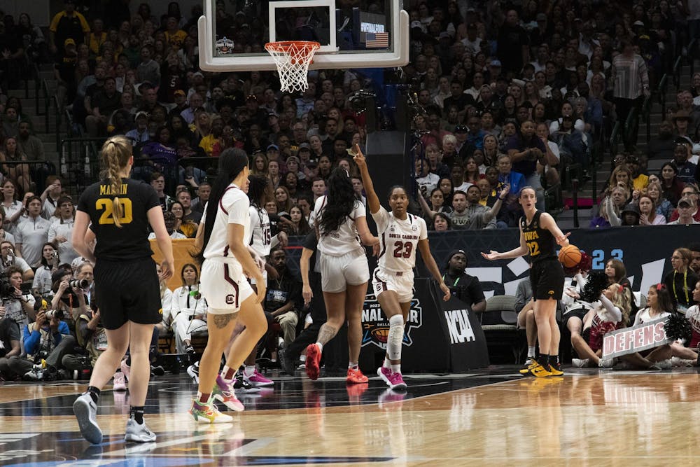 <p>FILE — Junior guard Bree Hall signals a change of possession during a Final Four game against Iowa on March 31, 2023, at the American Airlines Center in Dallas, Texas. The Gamecocks lost to the Hawkeyes 77-73.</p>