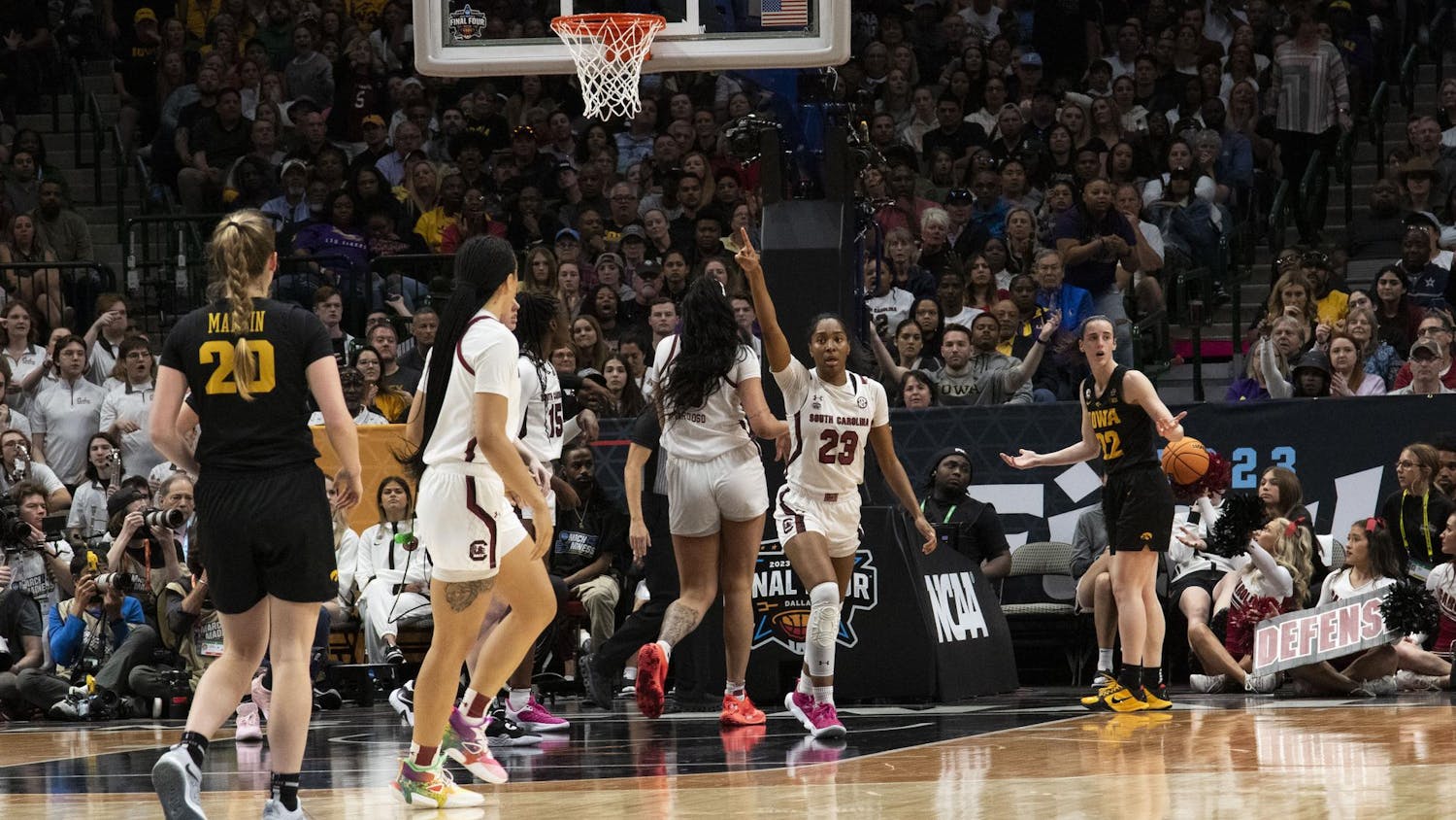 FILE — Junior guard Bree Hall signals a change of possession during a Final Four game against Iowa on March 31, 2023, at the American Airlines Center in Dallas, Texas. The Gamecocks lost to the Hawkeyes 77-73.